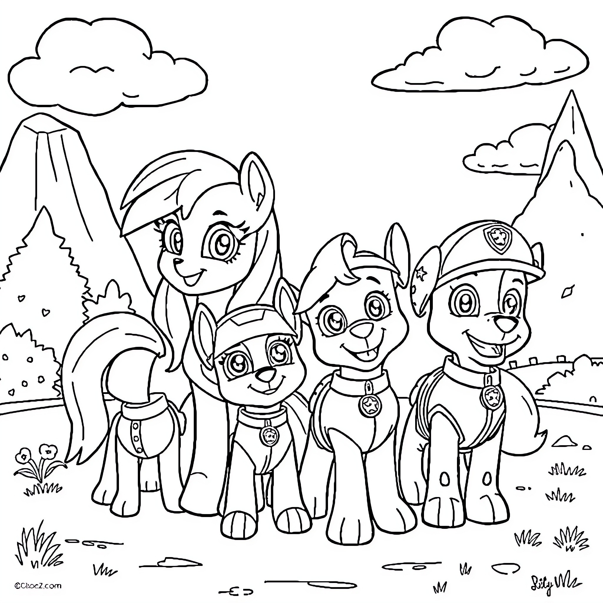 Pony friends exploring the outdoors Coloring Page (free black-and-white line drawing printable PDF for all, from beginners to advanced learners, including children, teens, adults, and seniors)
