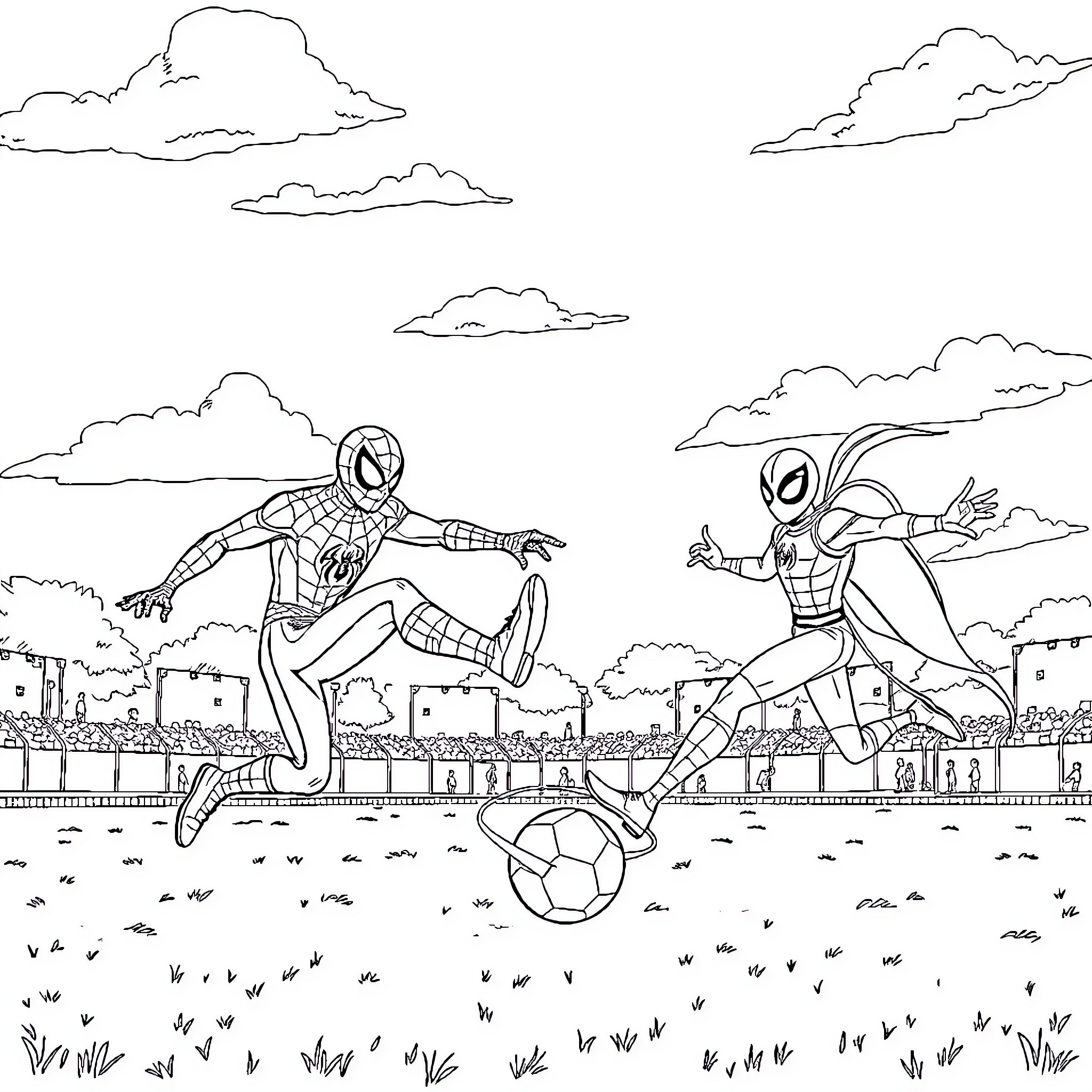Spiderman soccer match with superhero friend Coloring Page (free black-and-white line drawing printable PDF for all, from beginners to advanced learners, including children, teens, adults, and seniors)