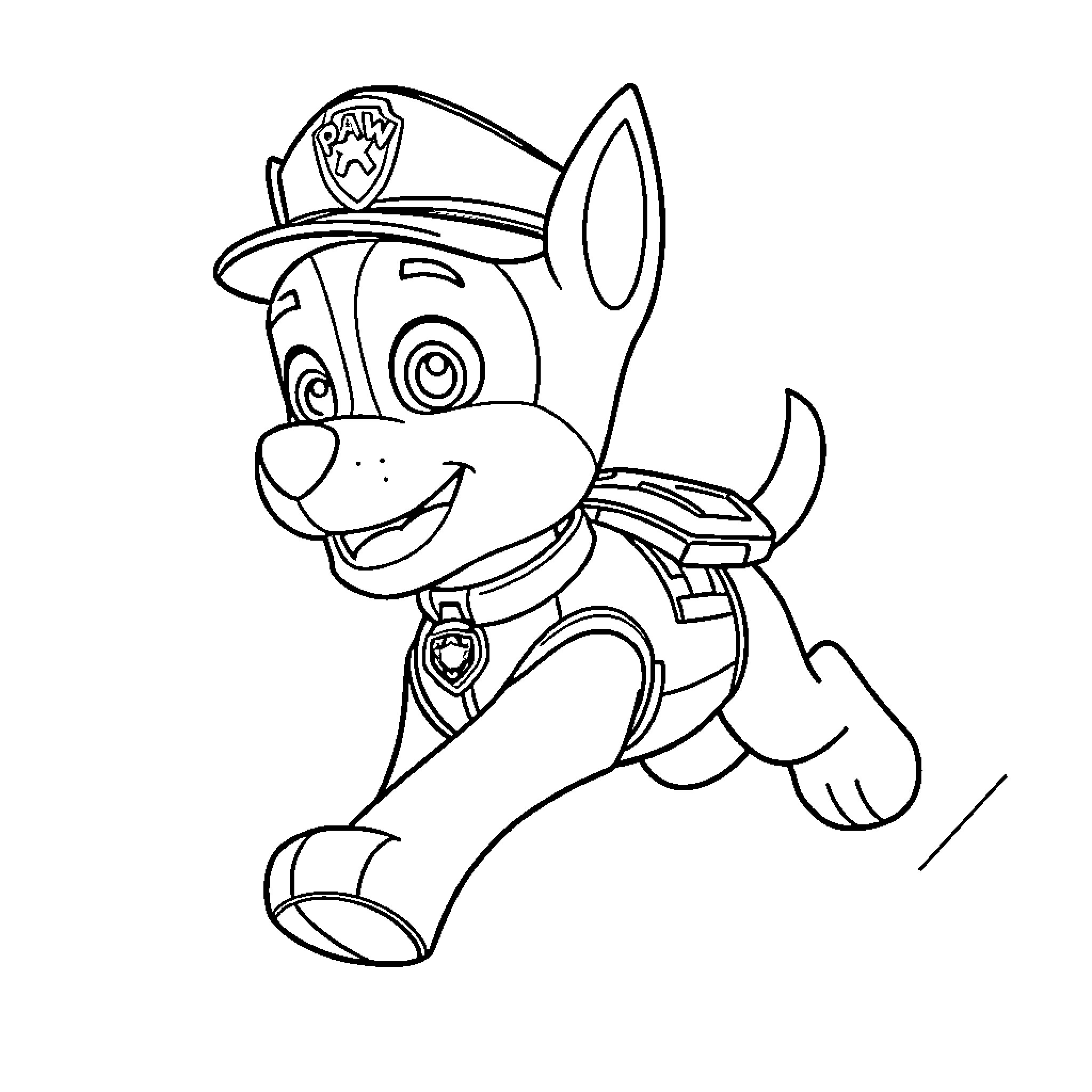 Chase the cute puppy in uniform Coloring Page (free black-and-white line drawing printable PDF for all, from beginners to advanced learners, including children, teens, adults, and seniors)