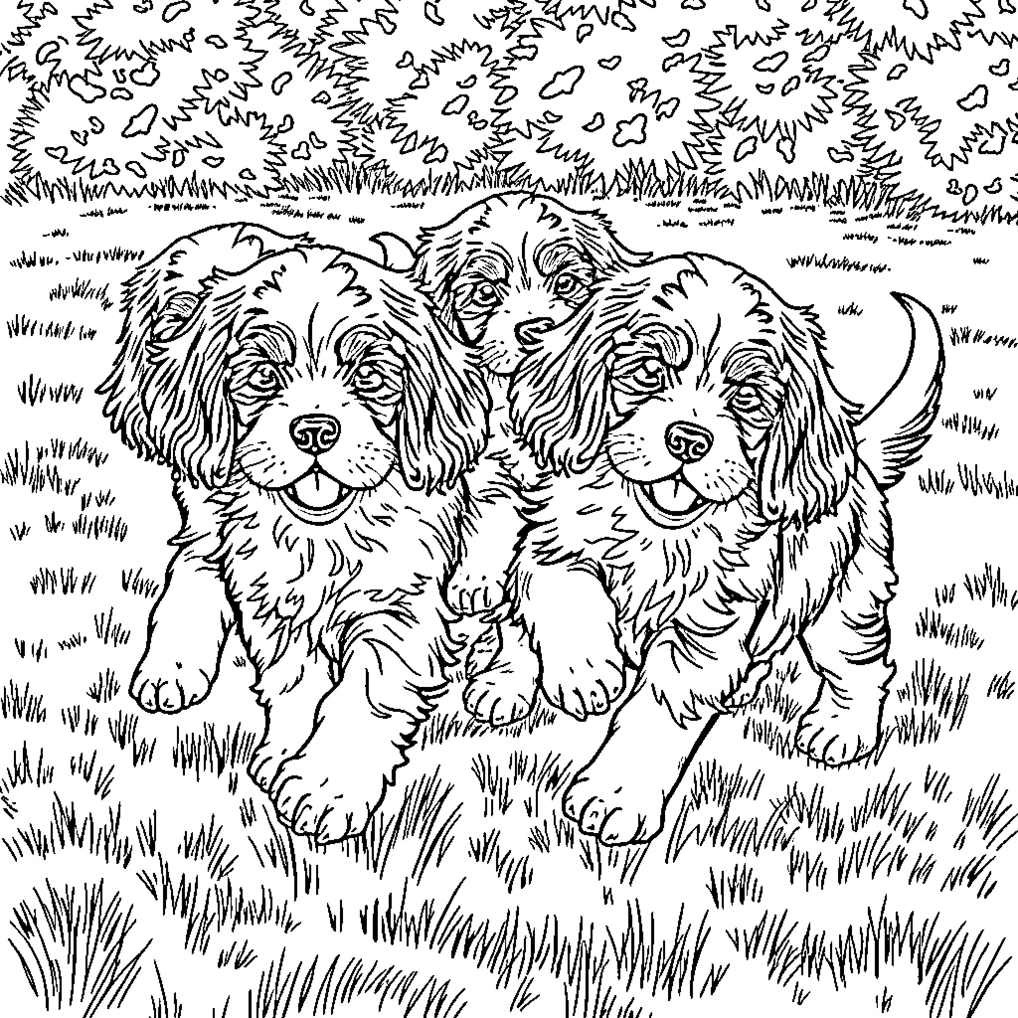Cocker Spaniels playing joyfully in the meadow Coloring Page (free black-and-white line drawing printable PDF for all, from beginners to advanced learners, including children, teens, adults, and seniors)