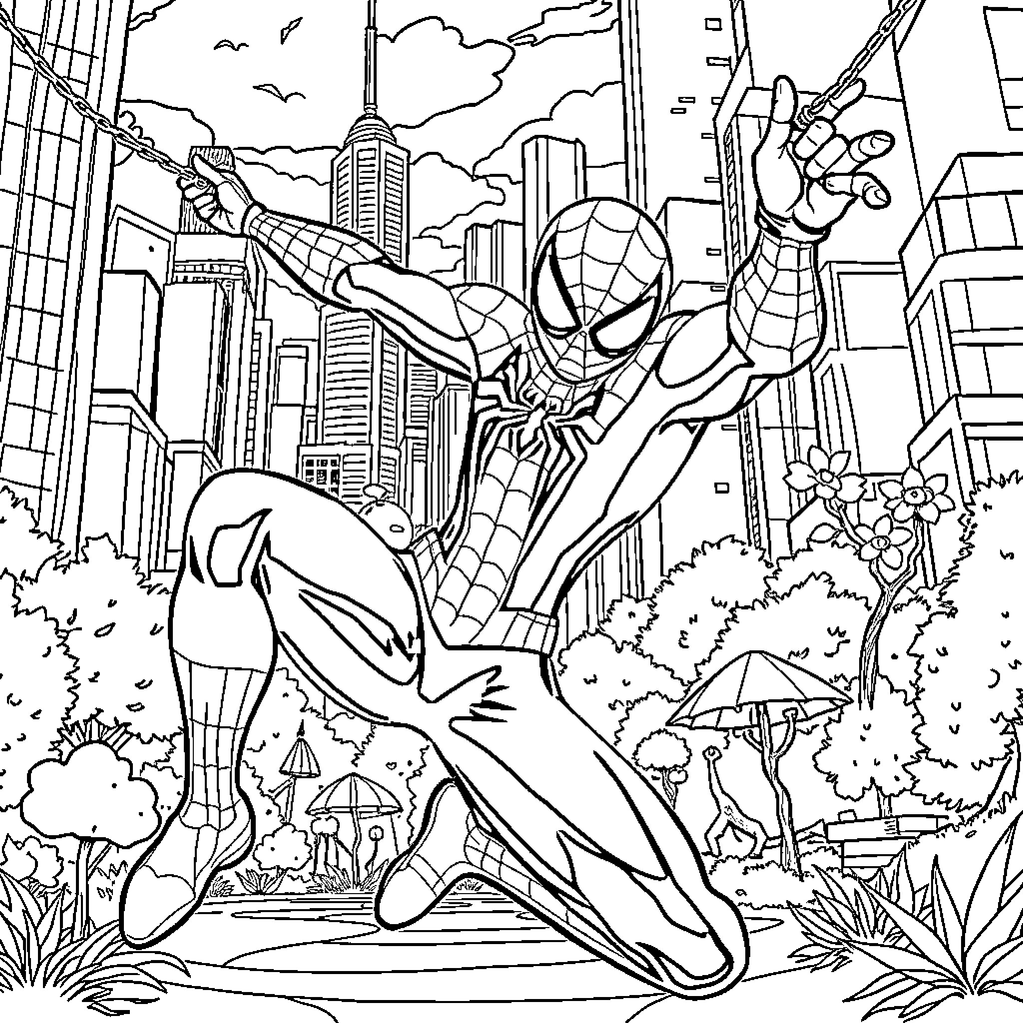 Spiderman swinging through the cityscape Coloring Page (free black-and-white line drawing printable PDF for all, from beginners to advanced learners, including children, teens, adults, and seniors)