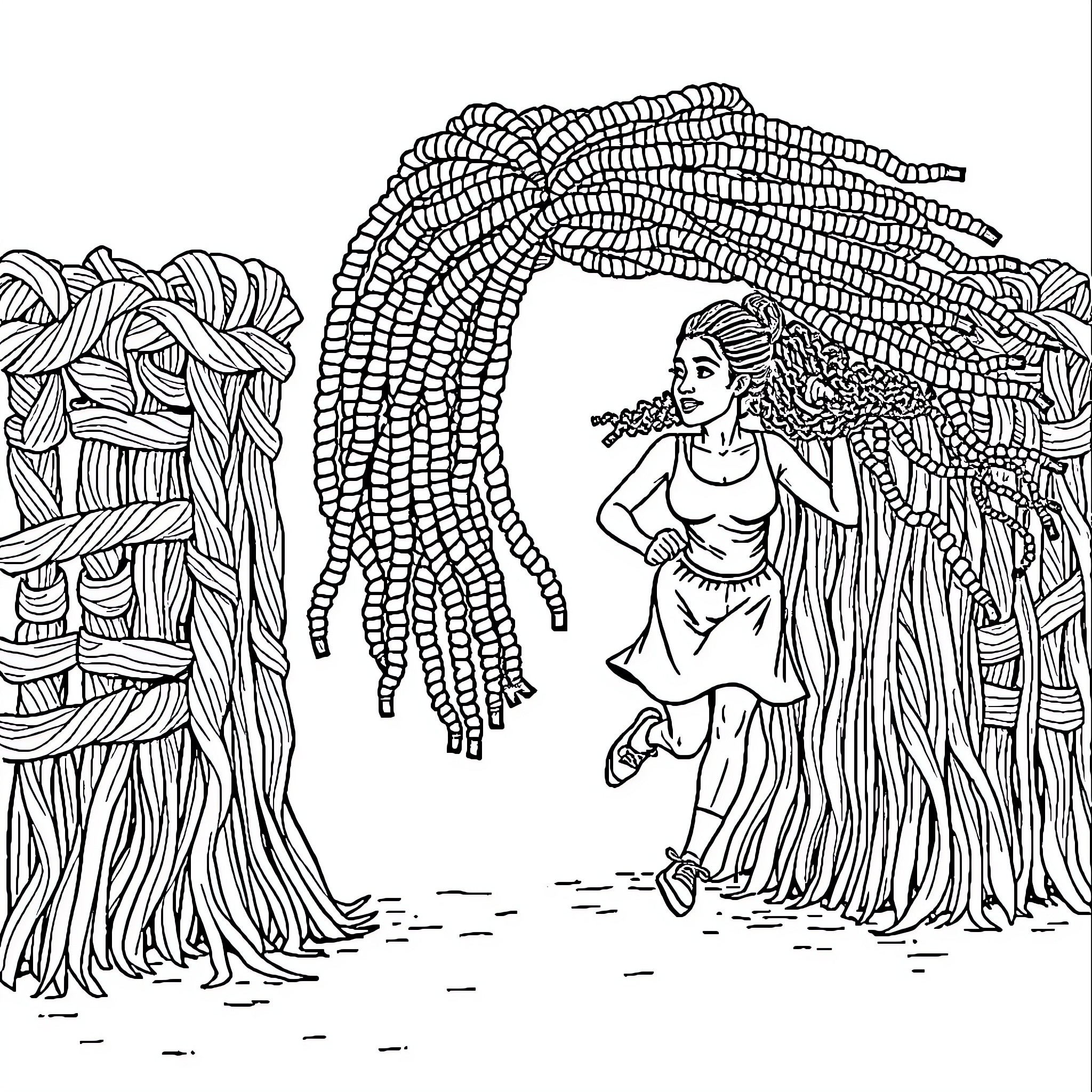 Woman dancing joyfully in nature's embrace Coloring Page (free black-and-white line drawing printable PDF for all, from beginners to advanced learners, including children, teens, adults, and seniors)
