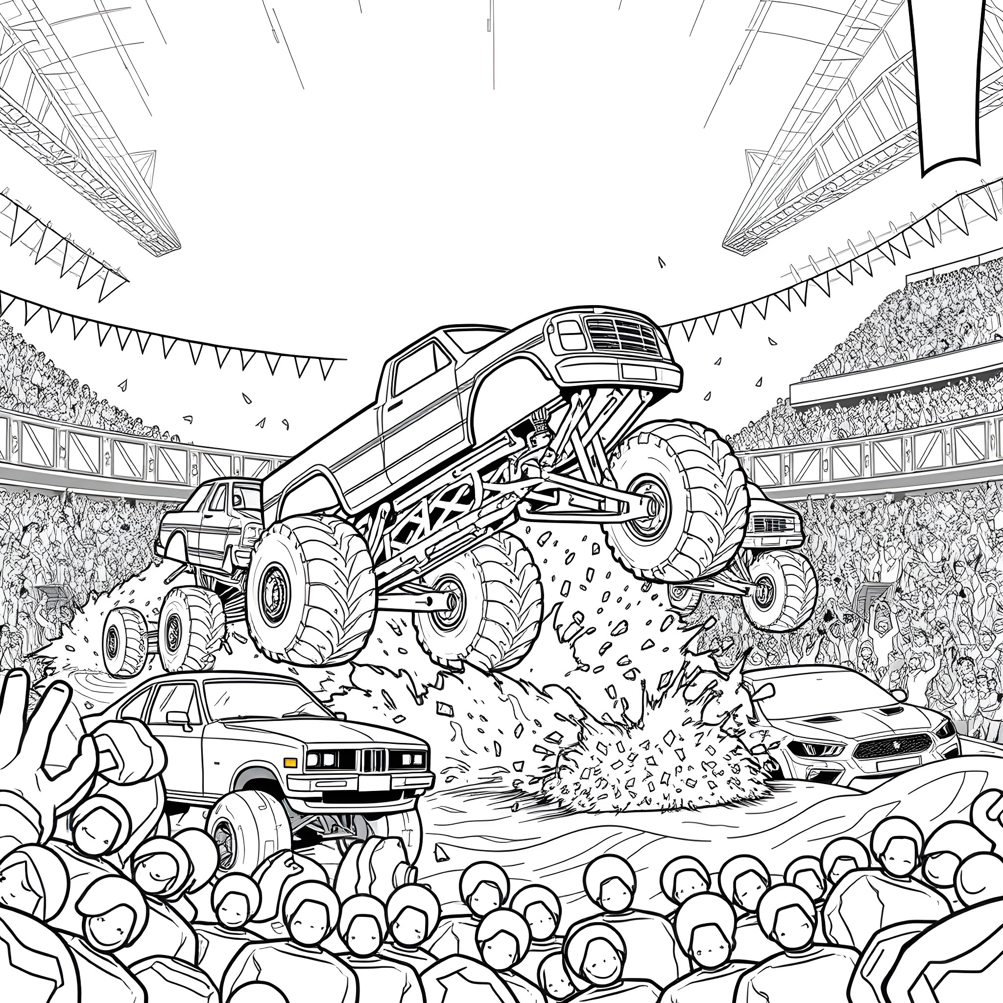 Monster Truck Crushing Cars in Packed Stadium Coloring Page (free black-and-white line drawing printable PDF for all, from beginners to advanced learners, including children, teens, adults, and seniors)