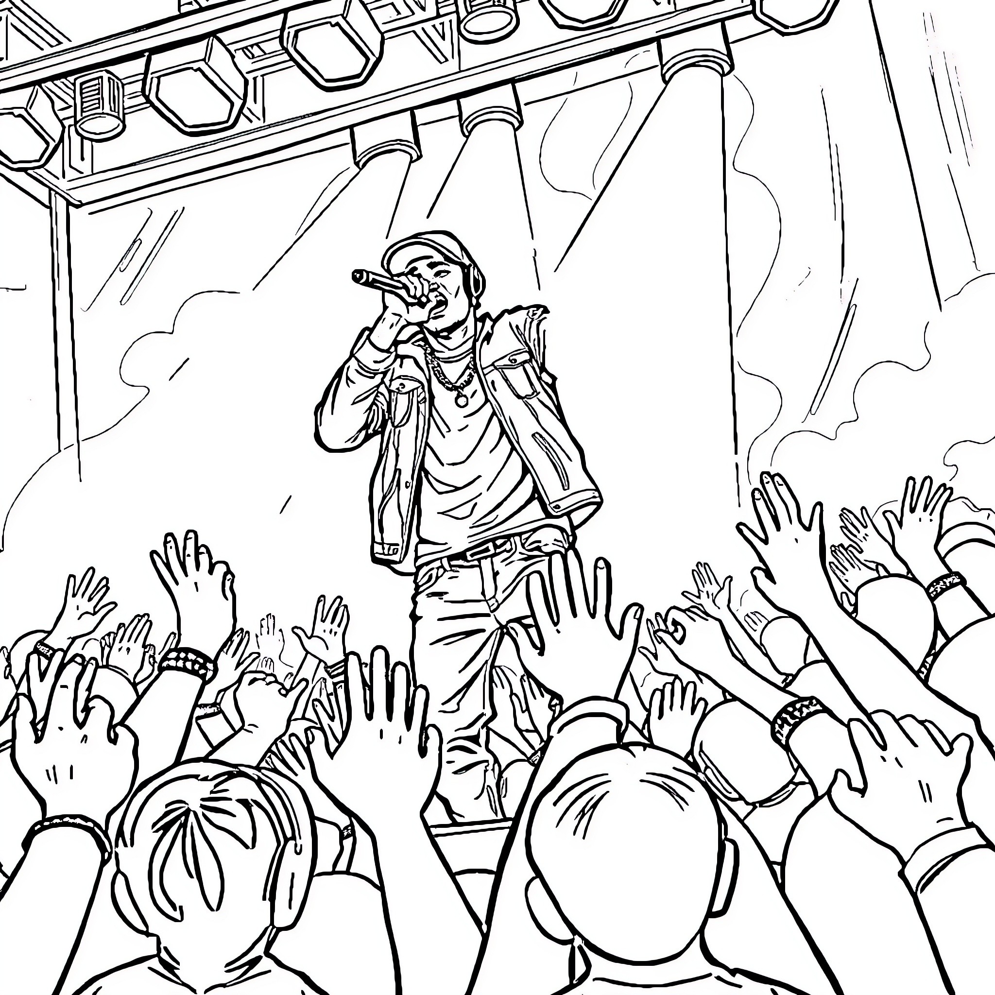 Rapper Performing on Stage with Energetic Crowd Coloring Page (free black-and-white line drawing printable PDF for all, from beginners to advanced learners, including children, teens, adults, and seniors)