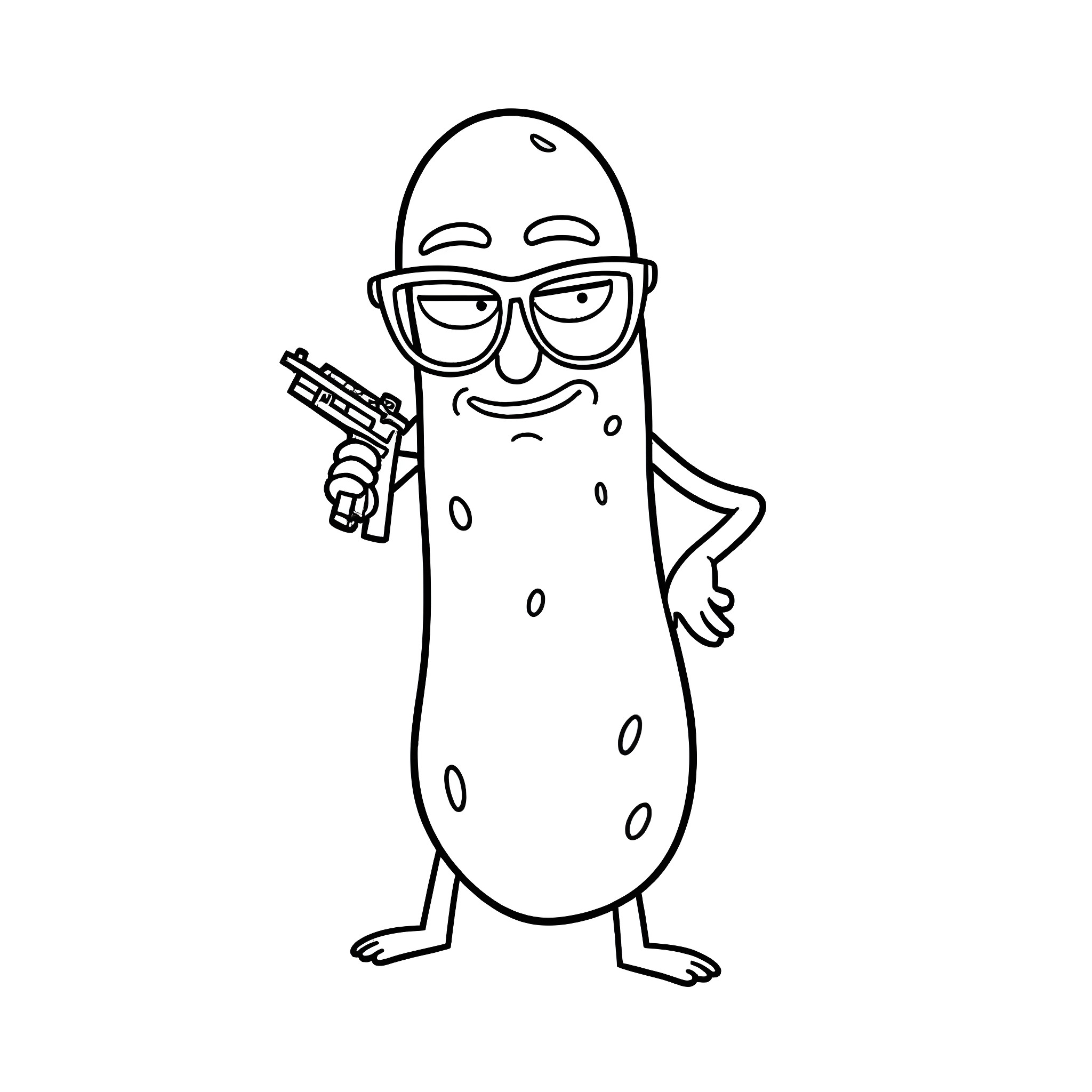 Pickle Rick battling with a gun Coloring Page (free black-and-white line drawing printable PDF for all, from beginners to advanced learners, including children, teens, adults, and seniors)
