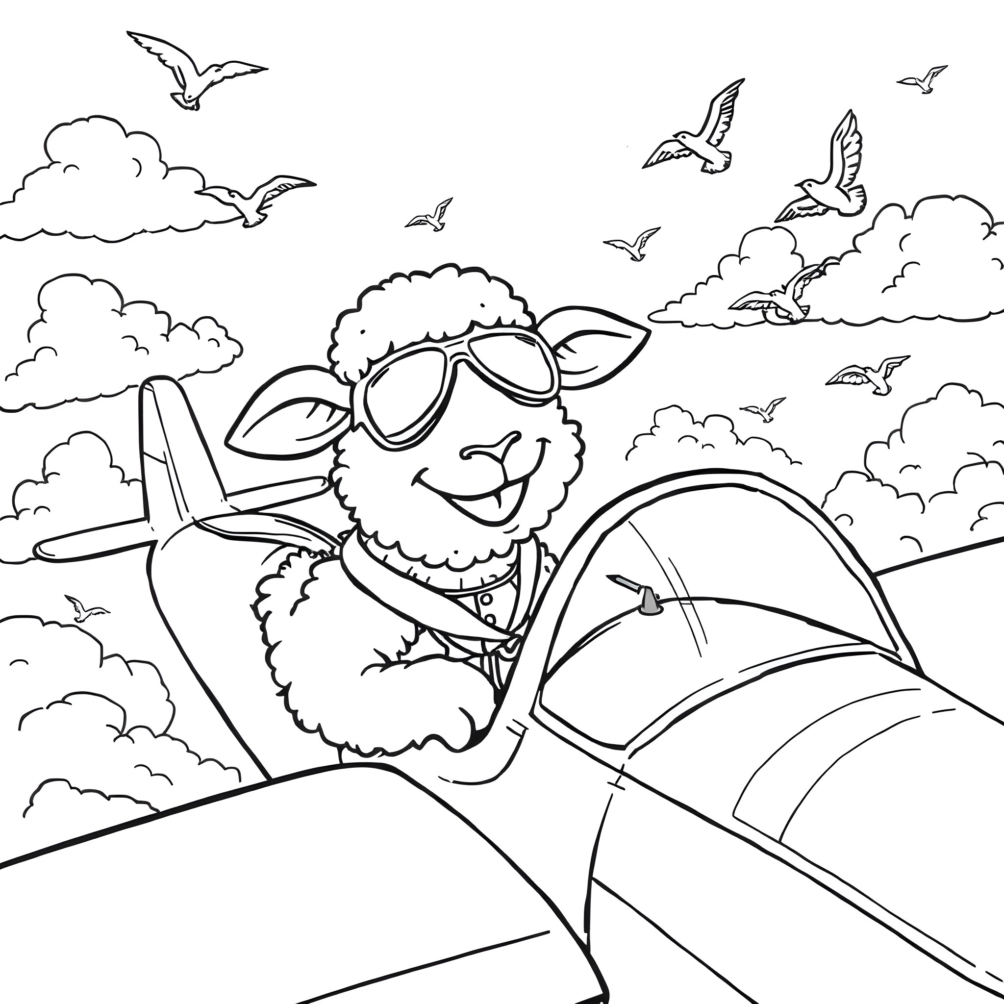 Sheep flying airplane with joy in the sky Coloring Page (free black-and-white line drawing printable PDF for all, from beginners to advanced learners, including children, teens, adults, and seniors)
