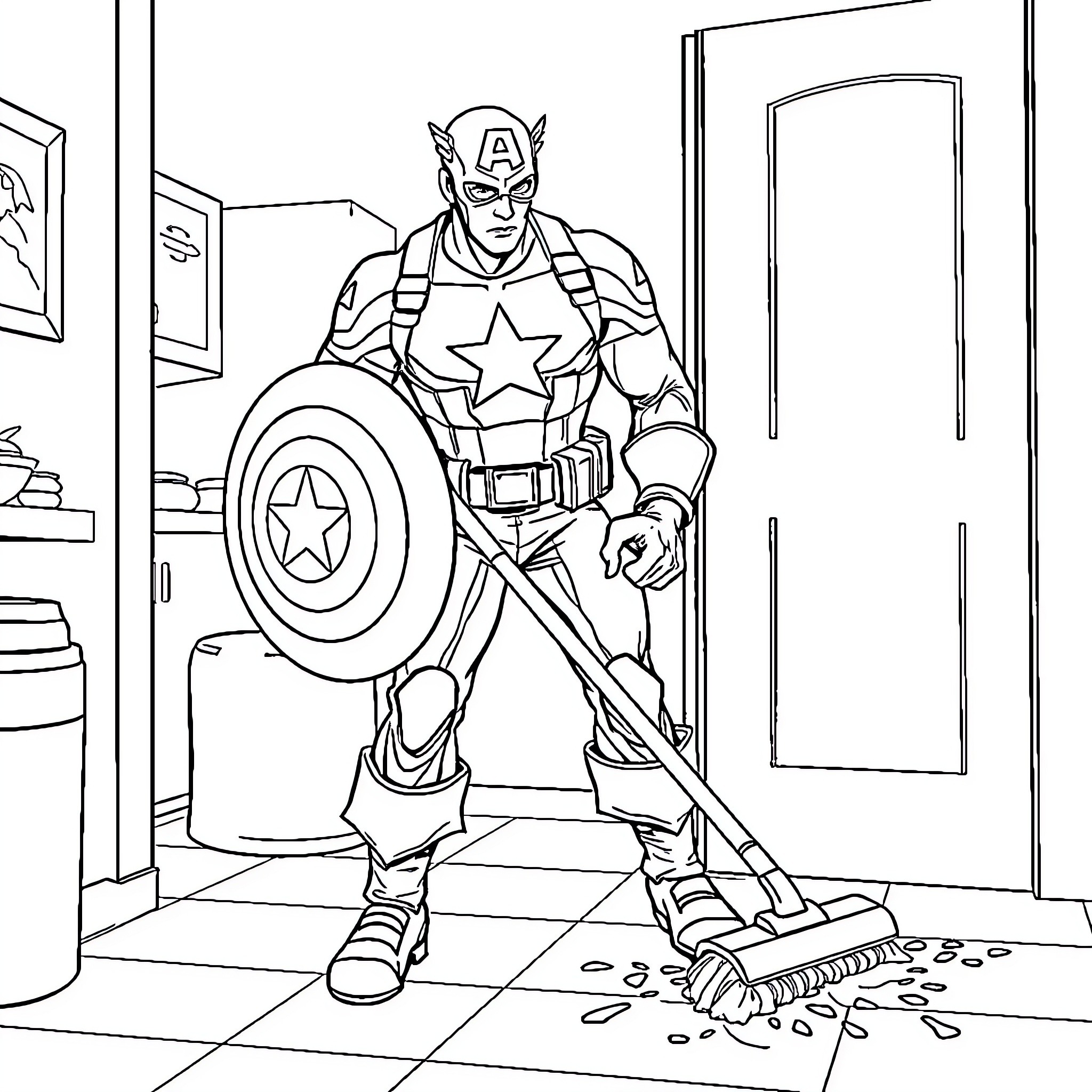 Captain America Cleaning Up in Action Coloring Page (free black-and-white line drawing printable PDF for all, from beginners to advanced learners, including children, teens, adults, and seniors)
