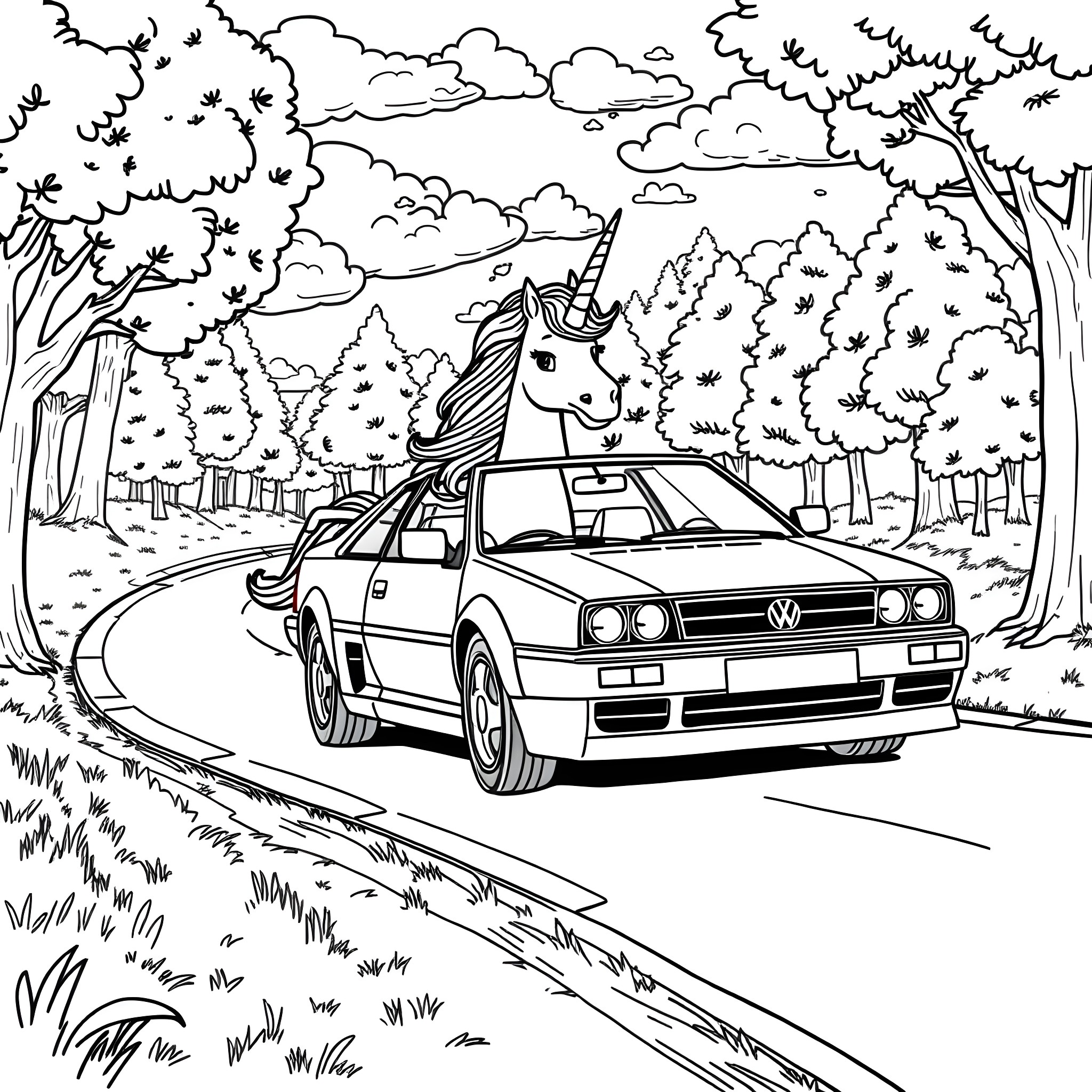 Unicorn riding in a sports car through the forest Coloring Page (free black-and-white line drawing printable PDF for all, from beginners to advanced learners, including children, teens, adults, and seniors)