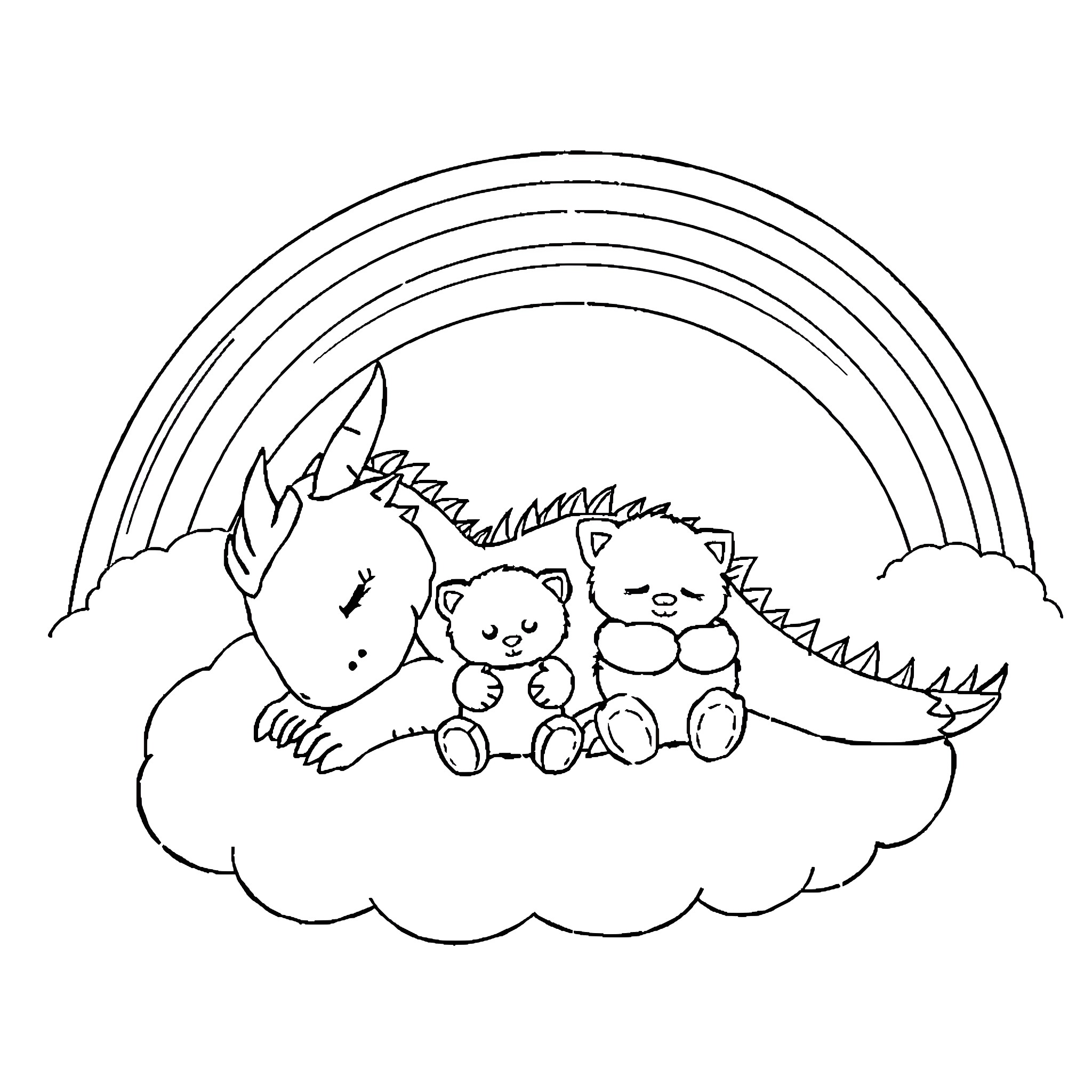 Dragon and Kittens Playing on Cloud with Rainbow Coloring Page (free black-and-white line drawing printable PDF for all, from beginners to advanced learners, including children, teens, adults, and seniors)