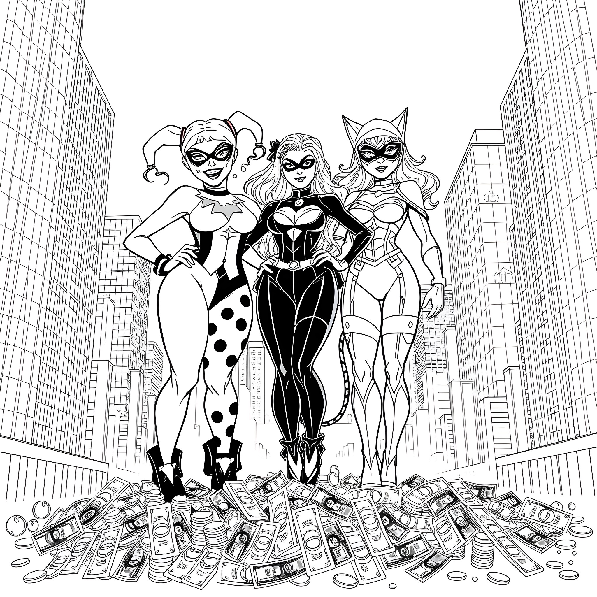 Harley Quinn and her supercriminal team's daring escapades Coloring Page (free black-and-white line drawing printable PDF for all, from beginners to advanced learners, including children, teens, adults, and seniors)