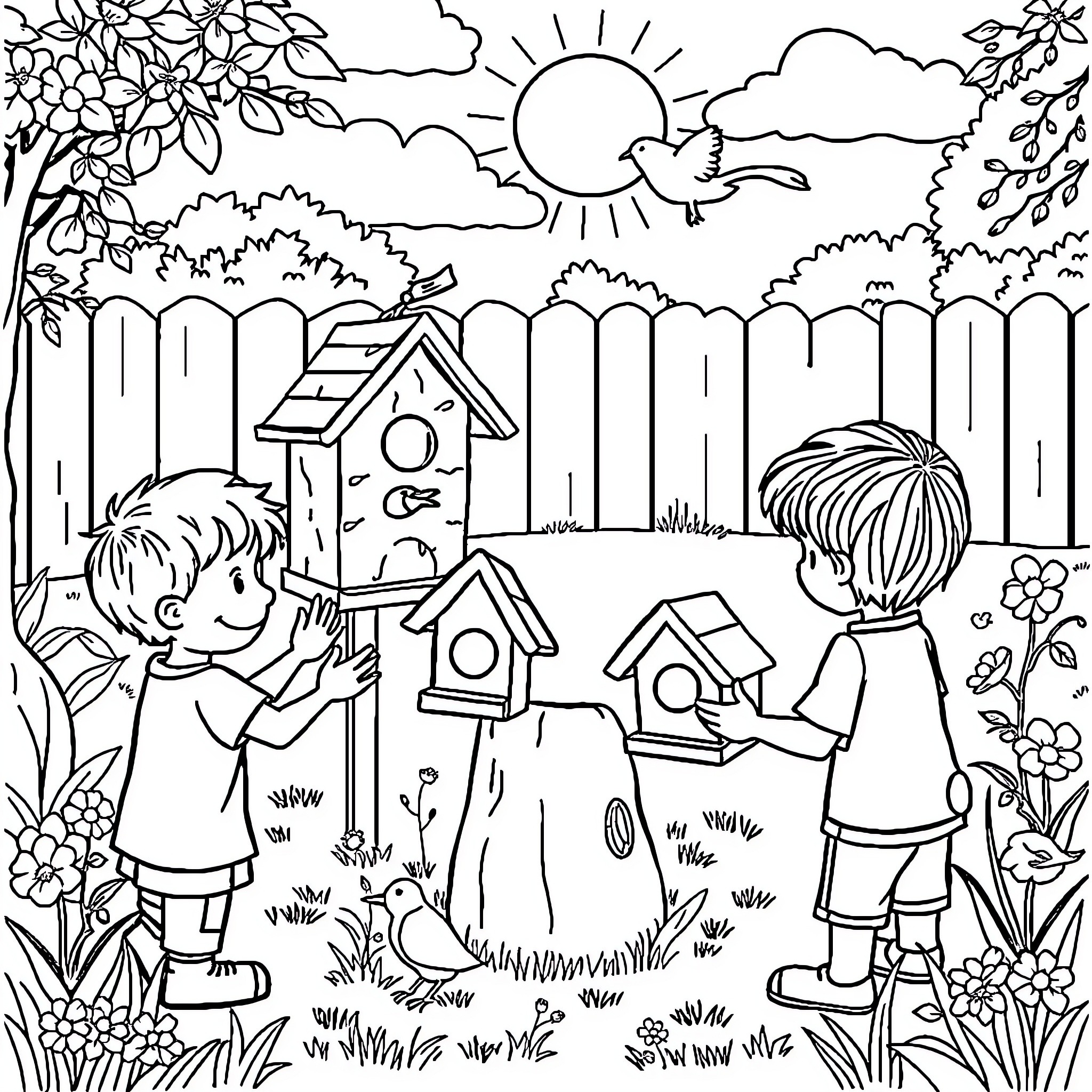 Child Placing Birdhouses in the Garden Coloring Page (free black-and-white line drawing printable PDF for all, from beginners to advanced learners, including children, teens, adults, and seniors)