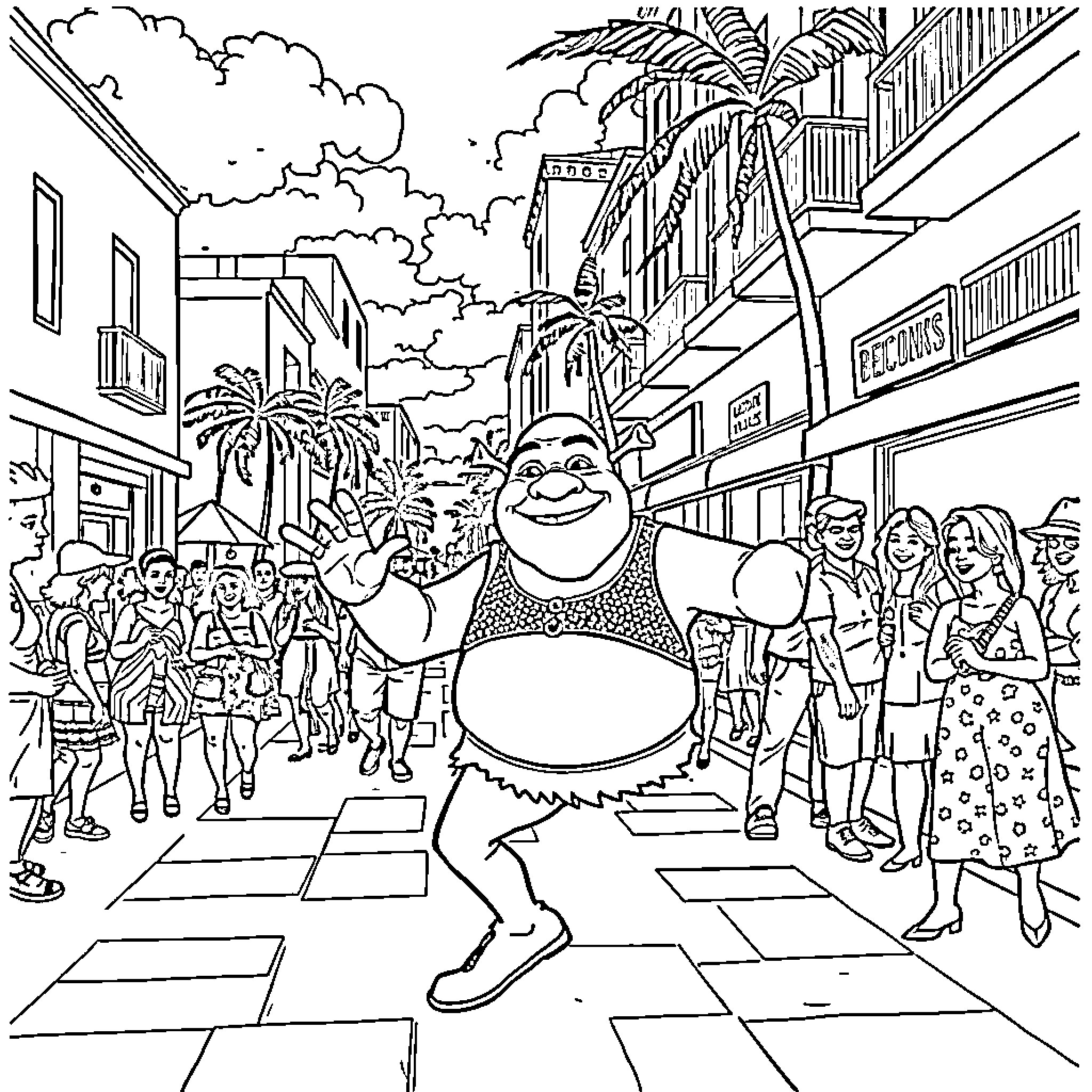 Shrek's lively adventure in a bustling city street Coloring Page (free black-and-white line drawing printable PDF for all, from beginners to advanced learners, including children, teens, adults, and seniors)