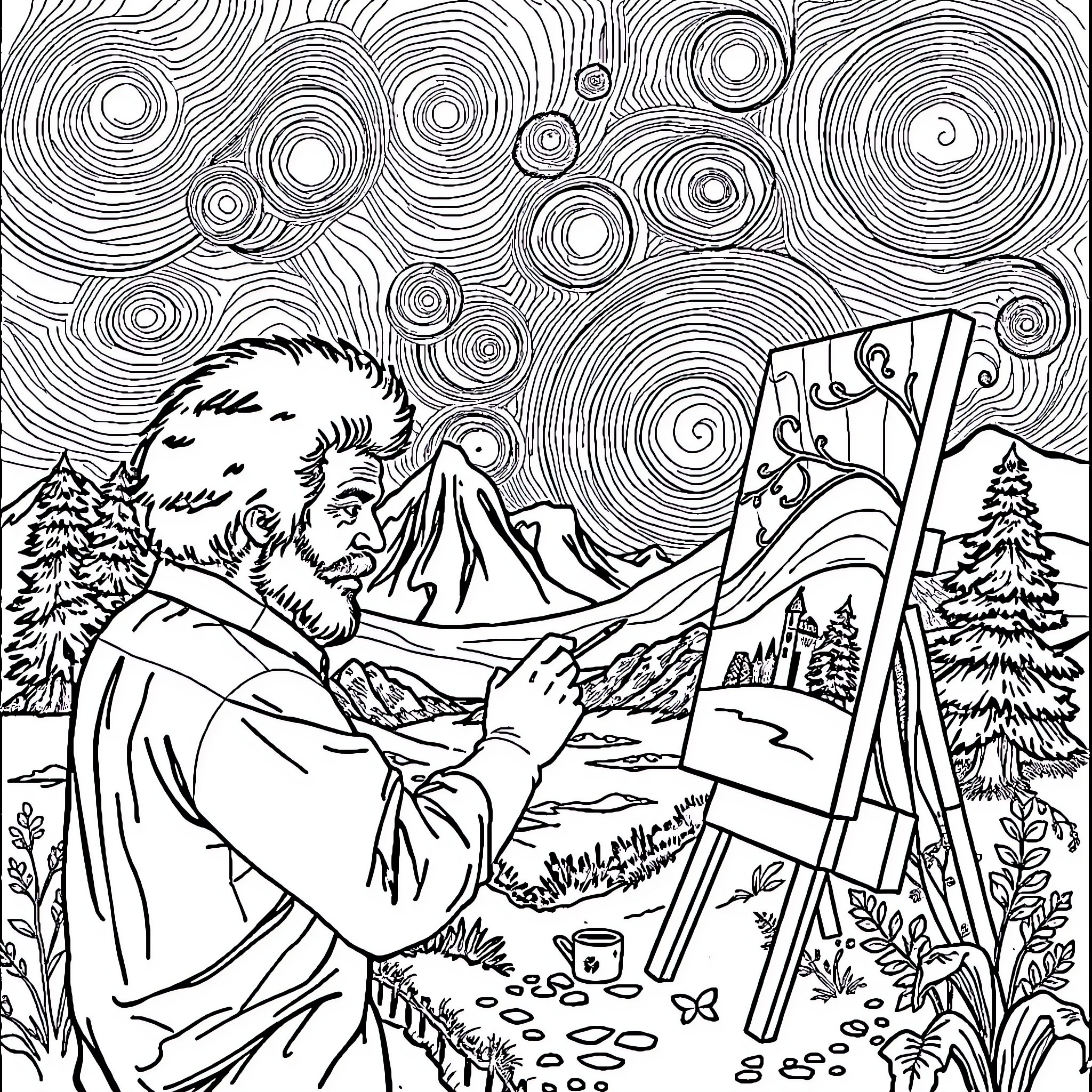 Bob Ross painting a serene landscape in the wilderness Coloring Page (free black-and-white line drawing printable PDF for all, from beginners to advanced learners, including children, teens, adults, and seniors)