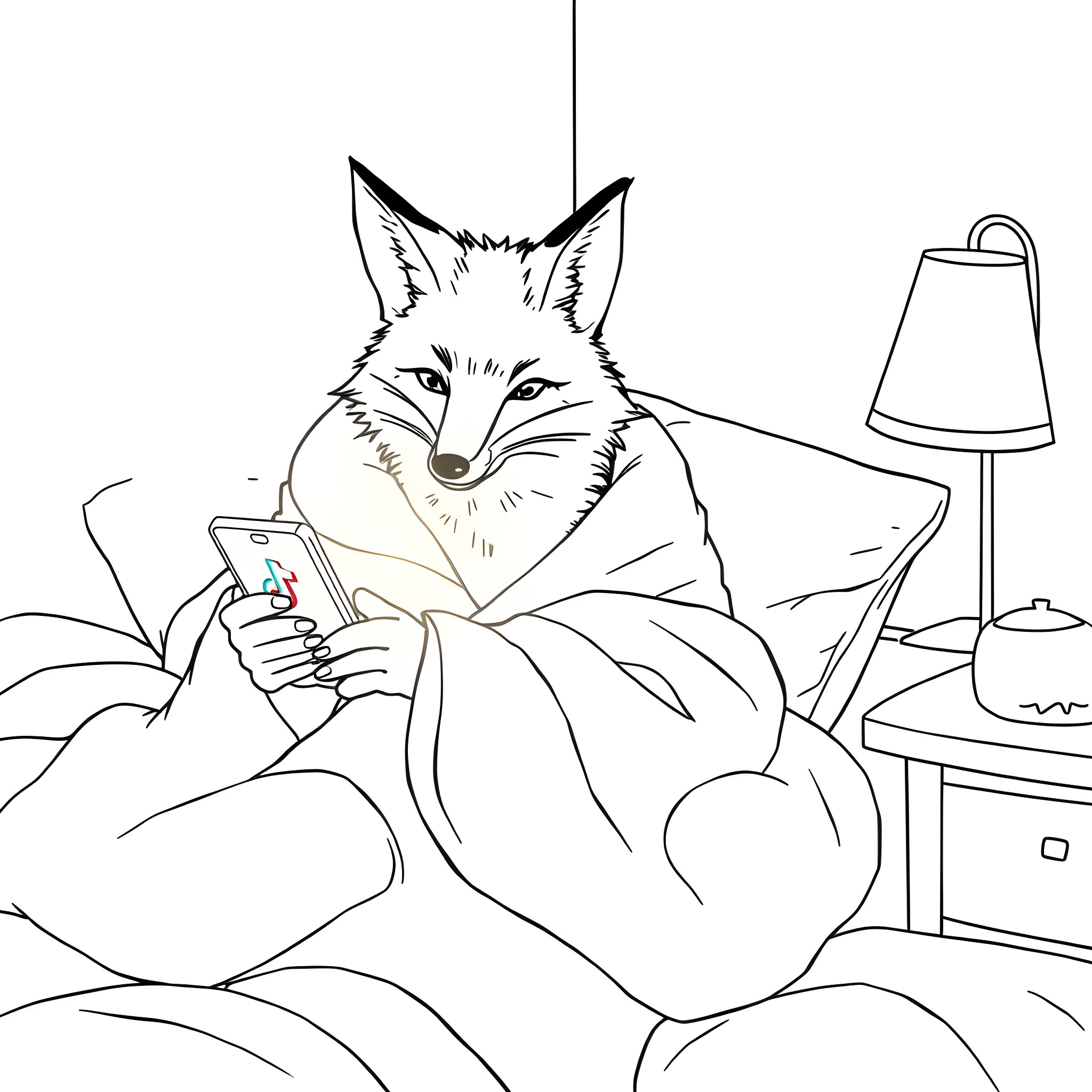 Fox relaxing and using a phone on the couch Coloring Page (free black-and-white line drawing printable PDF for all, from beginners to advanced learners, including children, teens, adults, and seniors)