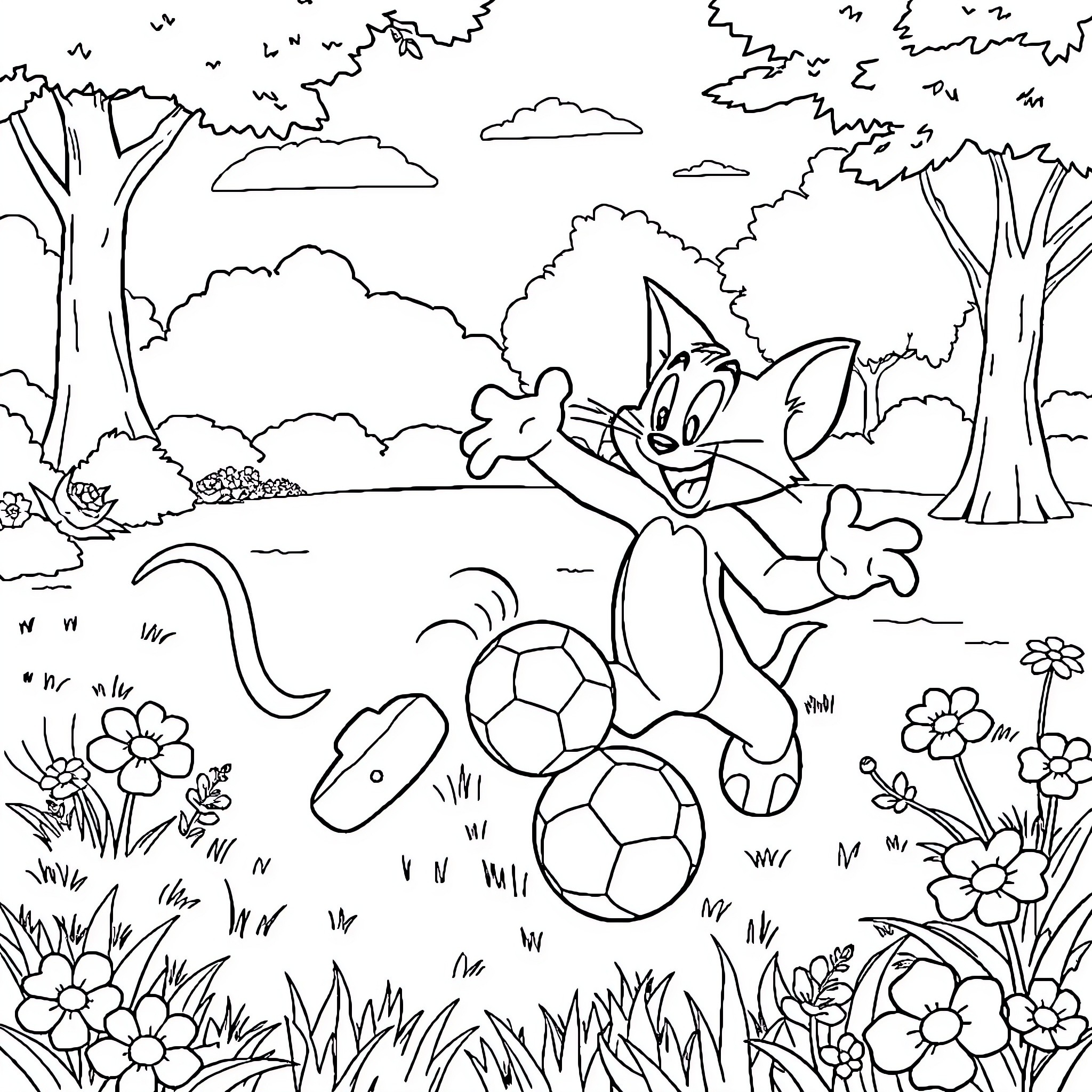Tom and Jerry playing with a soccer ball in a nature scene Coloring Page (free black-and-white line drawing printable PDF for all, from beginners to advanced learners, including children, teens, adults, and seniors)