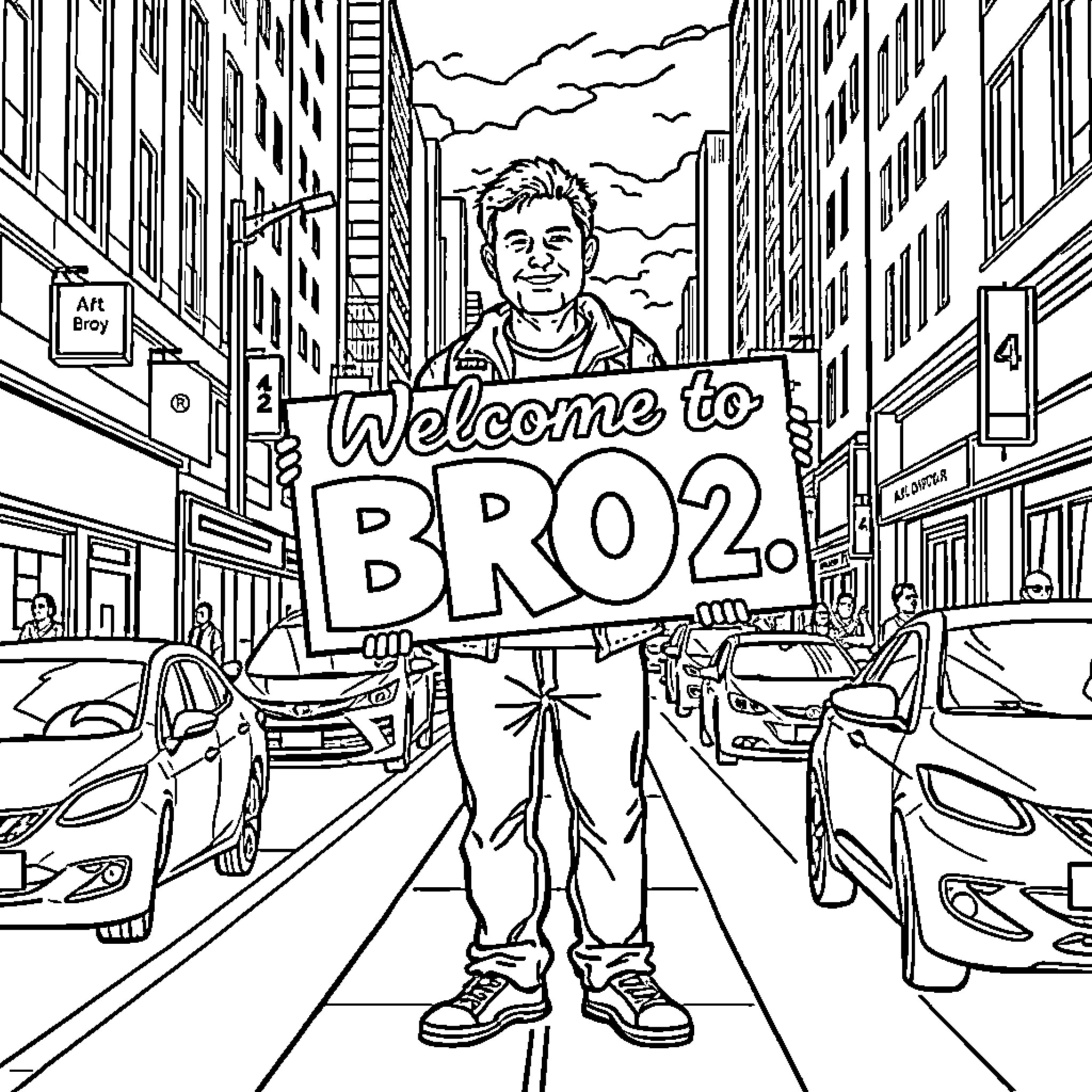 Man holding welcome sign for BRO 2 in urban setting Coloring Page (free black-and-white line drawing printable PDF for all, from beginners to advanced learners, including children, teens, adults, and seniors)