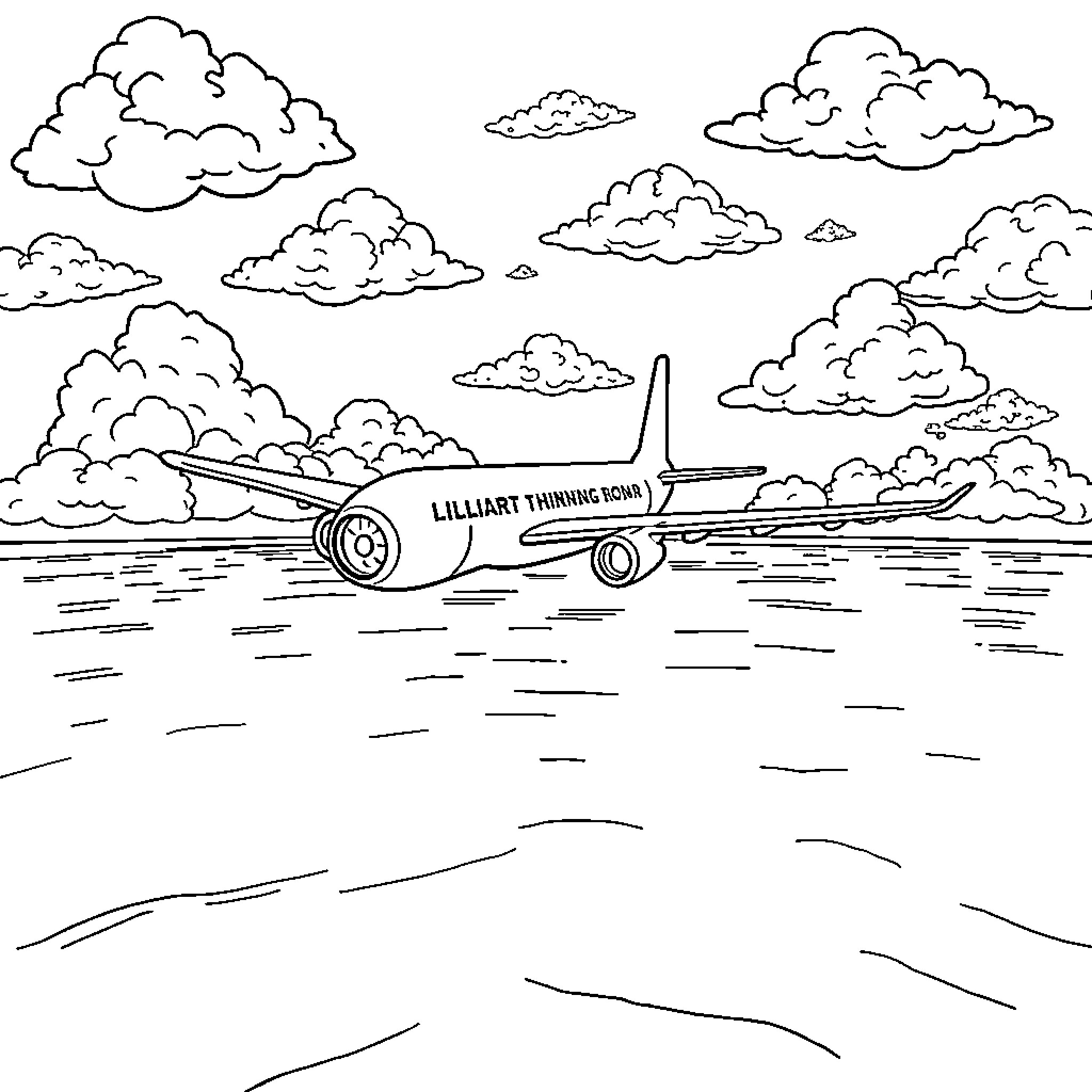 Airplane flying through cloudy skies Coloring Page (free black-and-white line drawing printable PDF for all, from beginners to advanced learners, including children, teens, adults, and seniors)