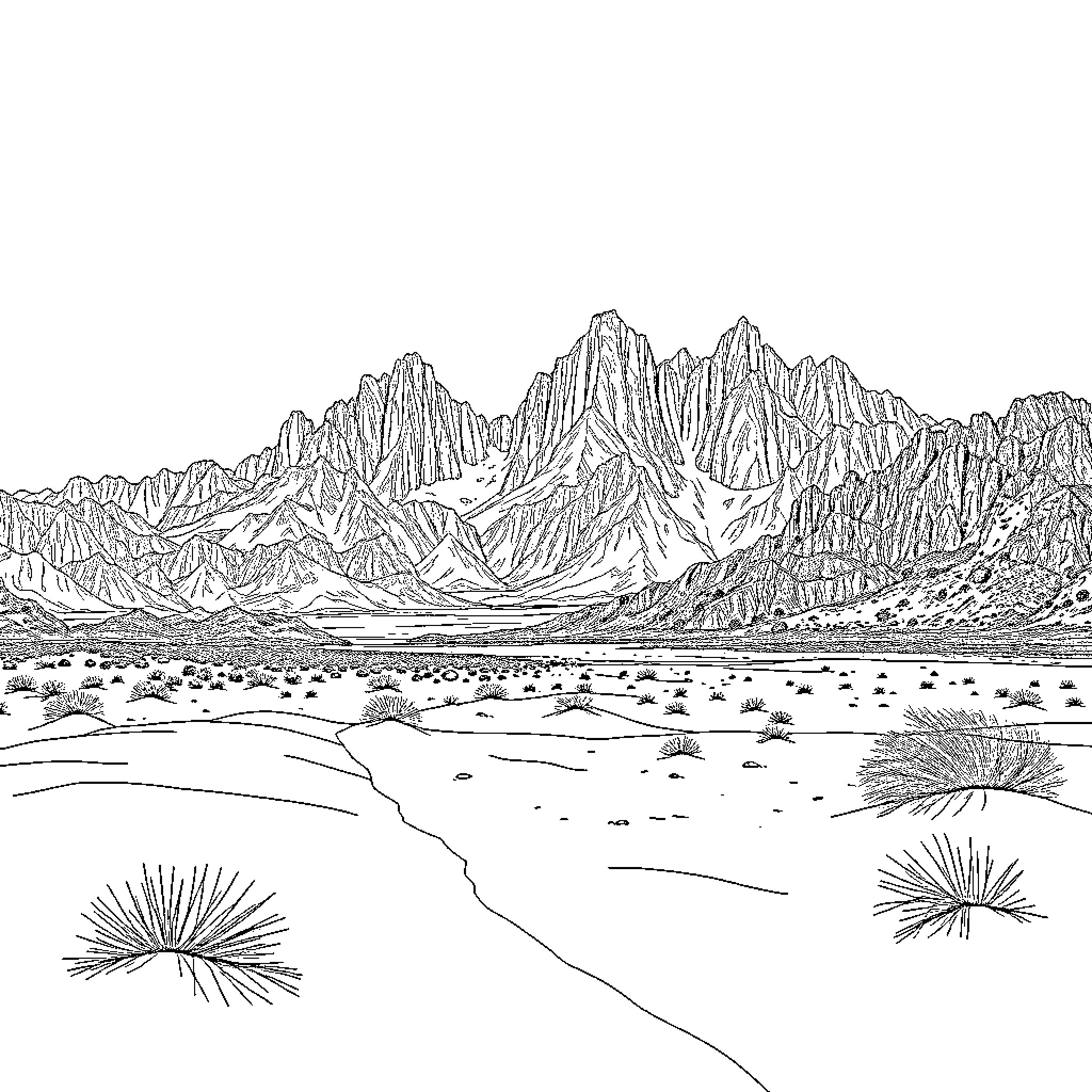 Landscape of rugged mountains and desert terrain Coloring Page (free black-and-white line drawing printable PDF for all, from beginners to advanced learners, including children, teens, adults, and seniors)