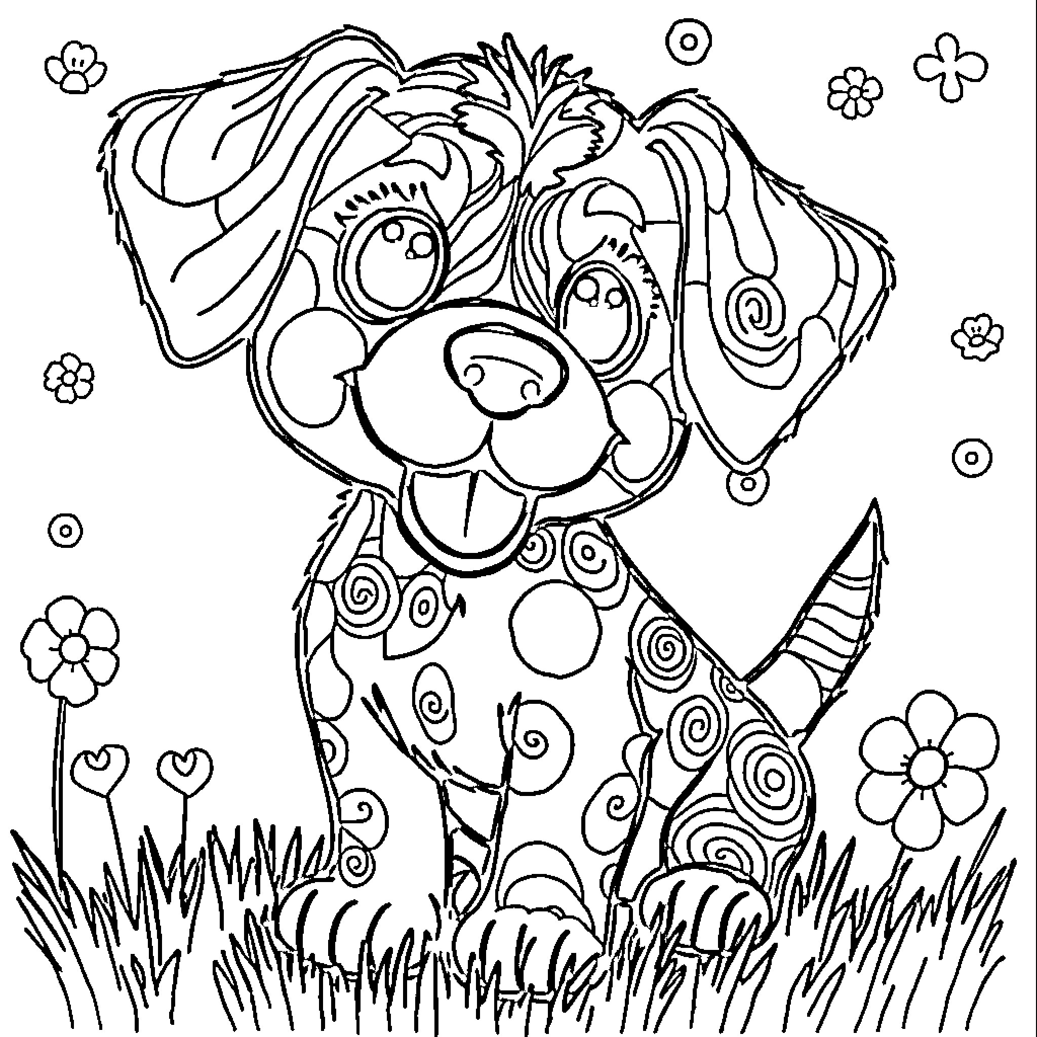 Dog enjoying playful garden scene Coloring Page (free black-and-white line drawing printable PDF for all, from beginners to advanced learners, including children, teens, adults, and seniors)