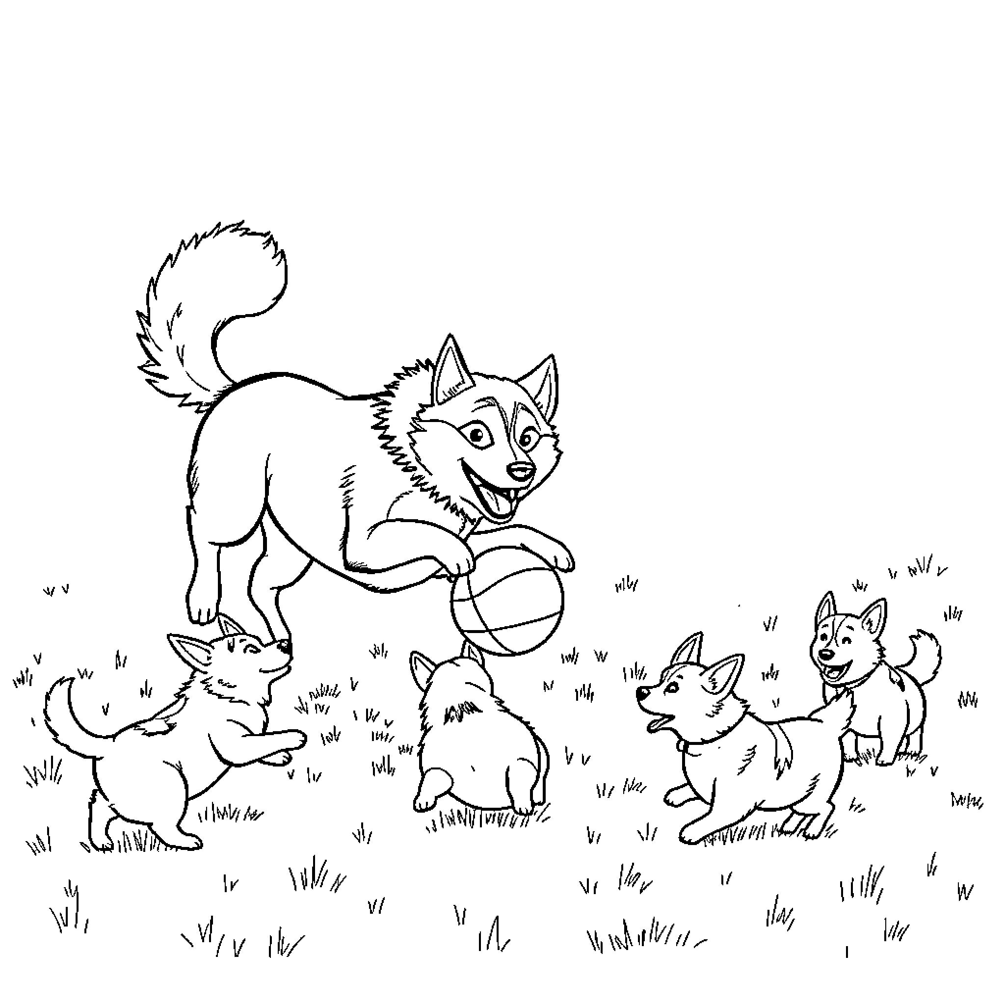 Alaskan Malamute playing with puppies in the yard Coloring Page (free black-and-white line drawing printable PDF for all, from beginners to advanced learners, including children, teens, adults, and seniors)