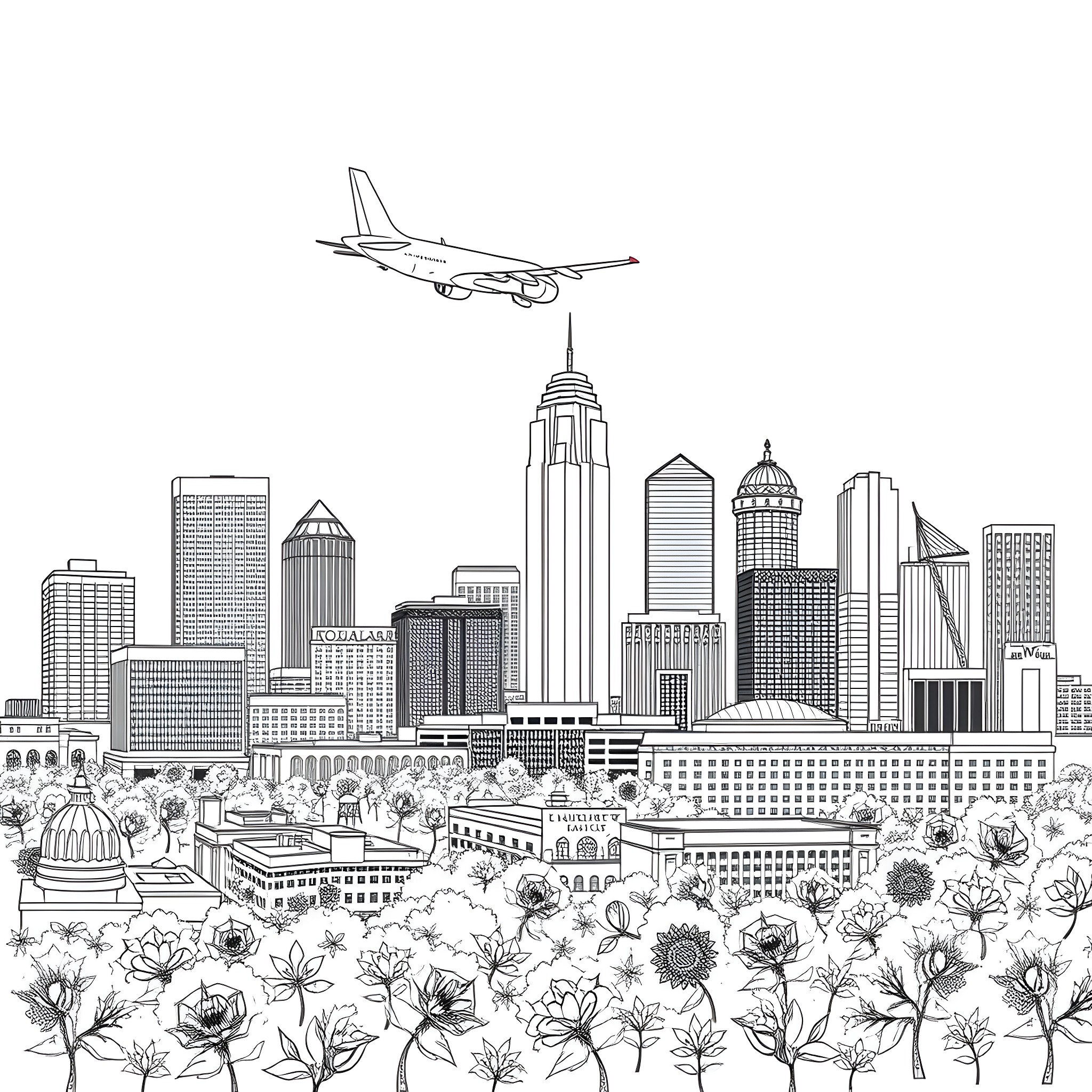 Airplane flying over the cityscape Coloring Page (free black-and-white line drawing printable PDF for all, from beginners to advanced learners, including children, teens, adults, and seniors)