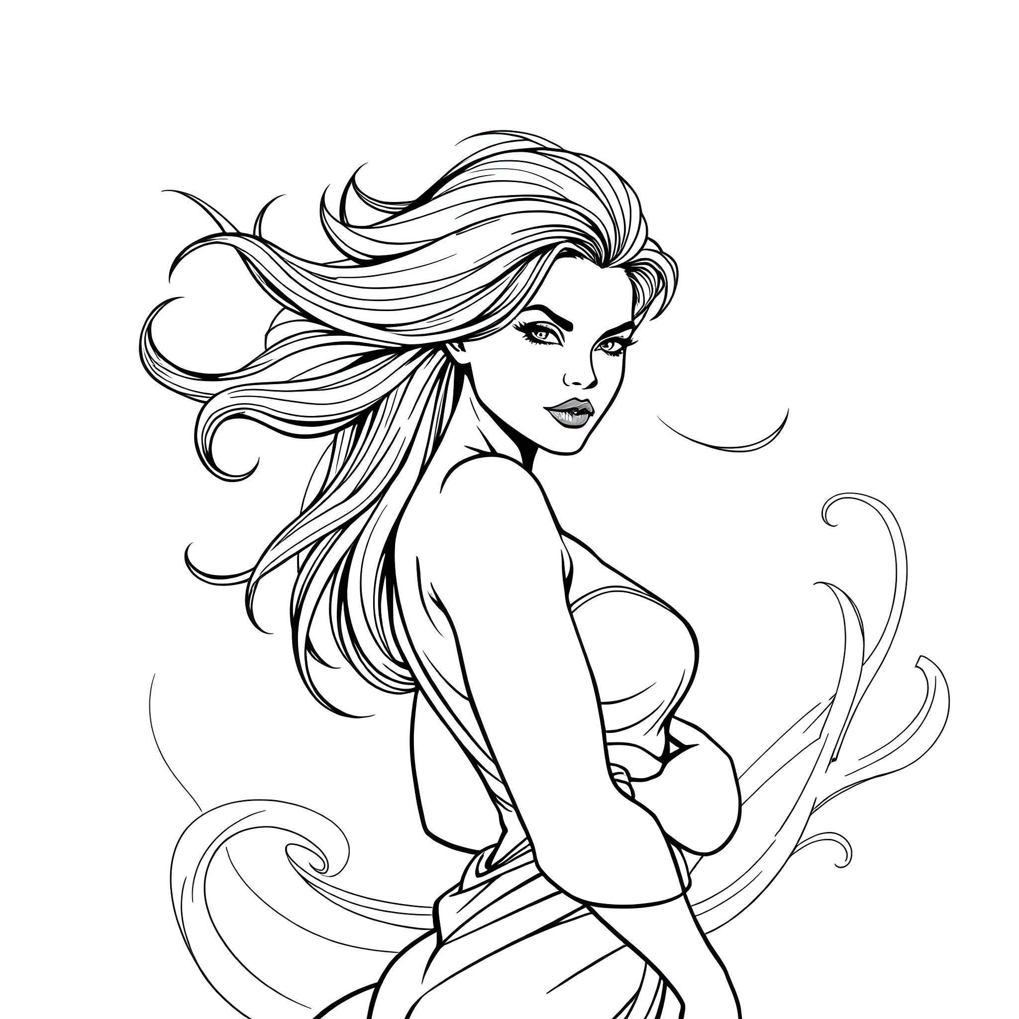 Scarlett Johansson as an elegant mermaid Coloring Page (free black-and-white line drawing printable PDF for all, from beginners to advanced learners, including children, teens, adults, and seniors)