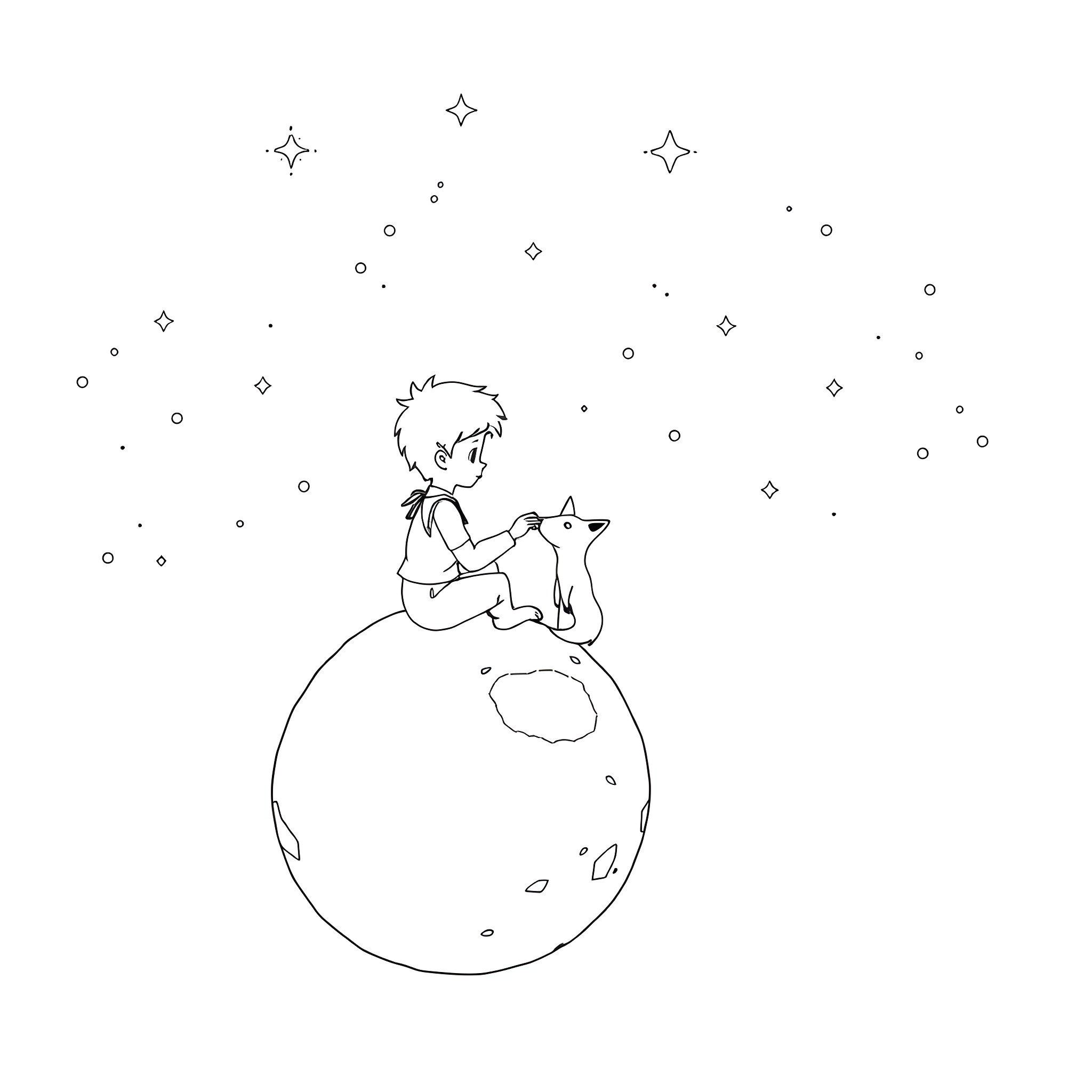 Prince Sitting on a Celestial Globe with a Fox Coloring Page (free black-and-white line drawing printable PDF for all, from beginners to advanced learners, including children, teens, adults, and seniors)