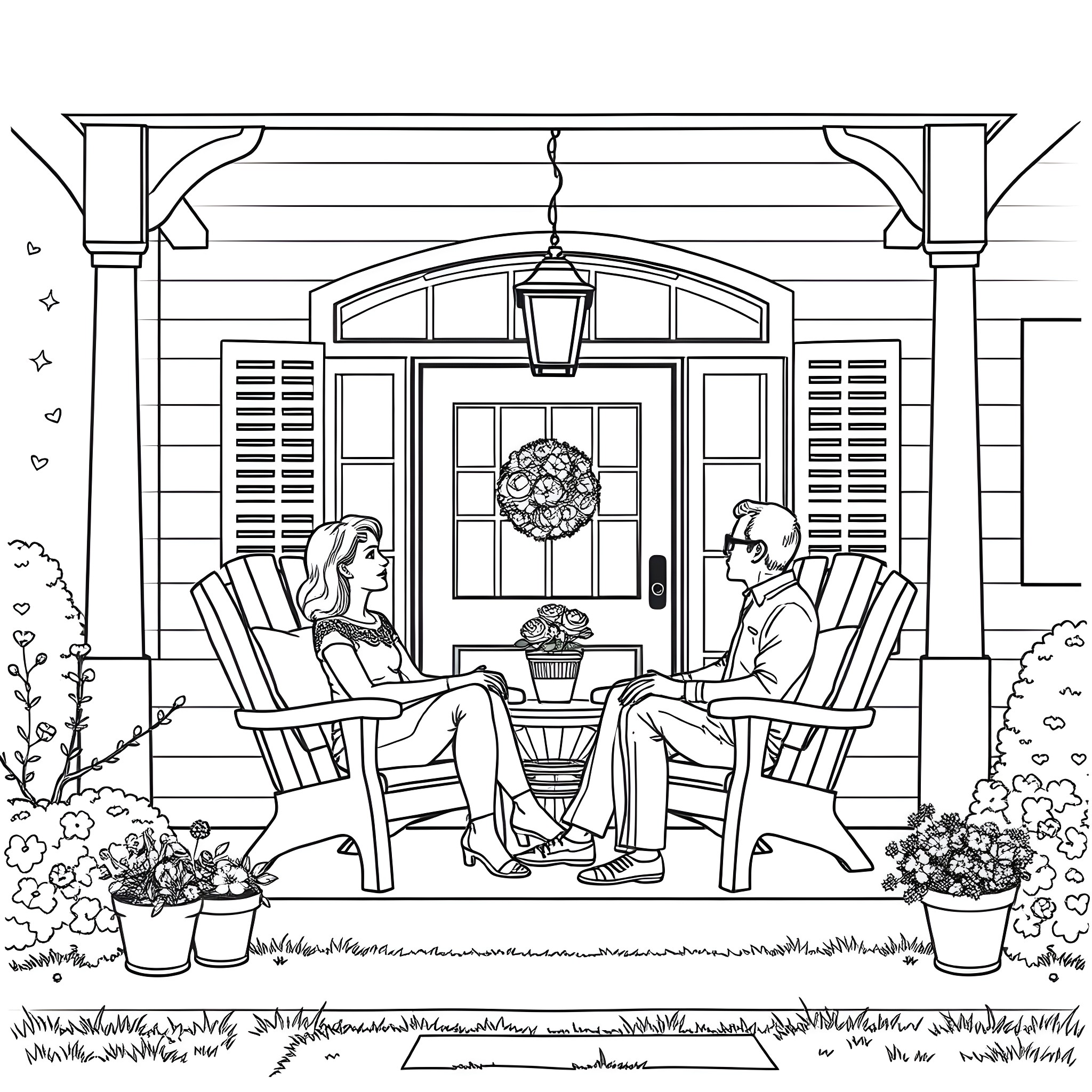 Man and Woman Relaxing on Porch Coloring Page (free black-and-white line drawing printable PDF for all, from beginners to advanced learners, including children, teens, adults, and seniors)