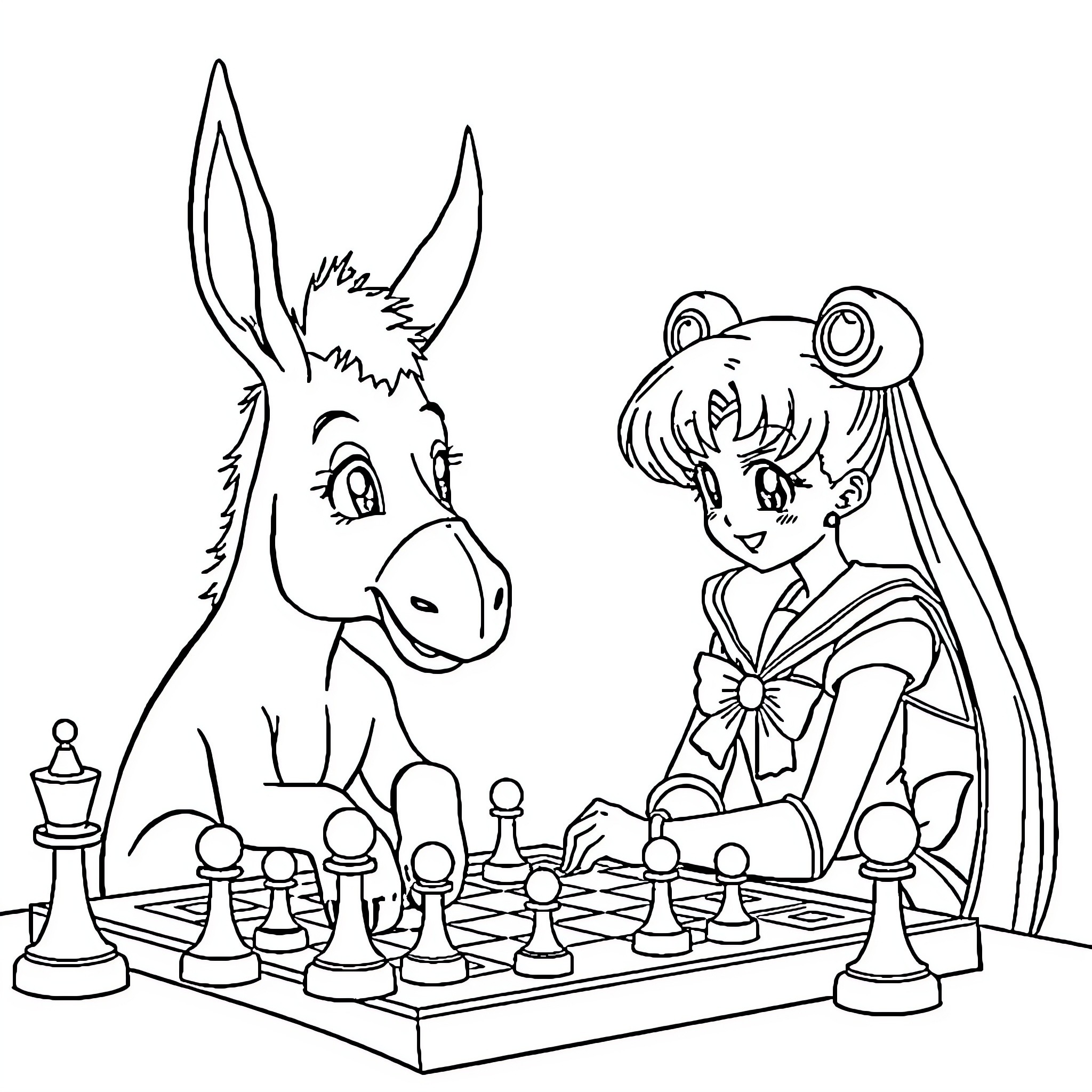 Donkey and girl playing chess together Coloring Page (free black-and-white line drawing printable PDF for all, from beginners to advanced learners, including children, teens, adults, and seniors)