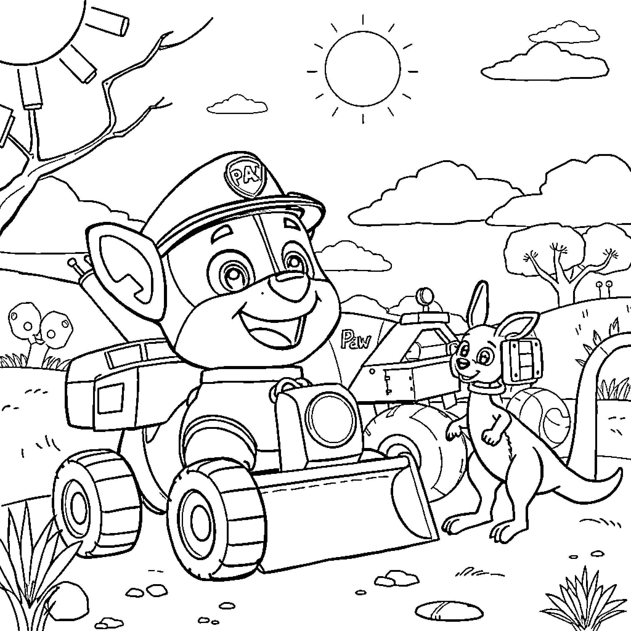 Rubble Patrol Cleaning Up the Disaster Site Coloring Page (free black-and-white line drawing printable PDF for all, from beginners to advanced learners, including children, teens, adults, and seniors)