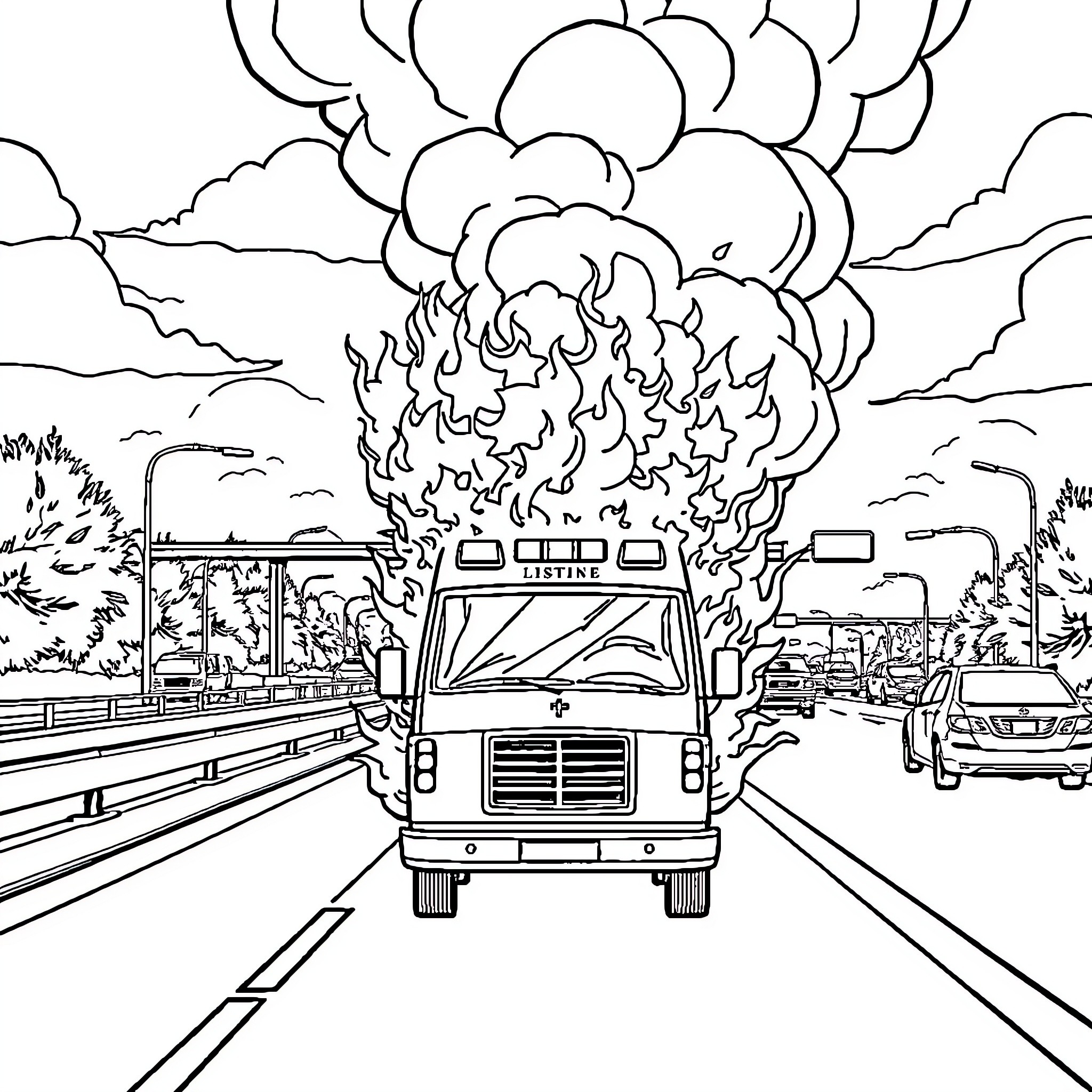 Ambulance rushing through a dramatic scene on the road Coloring Page (free black-and-white line drawing printable PDF for all, from beginners to advanced learners, including children, teens, adults, and seniors)
