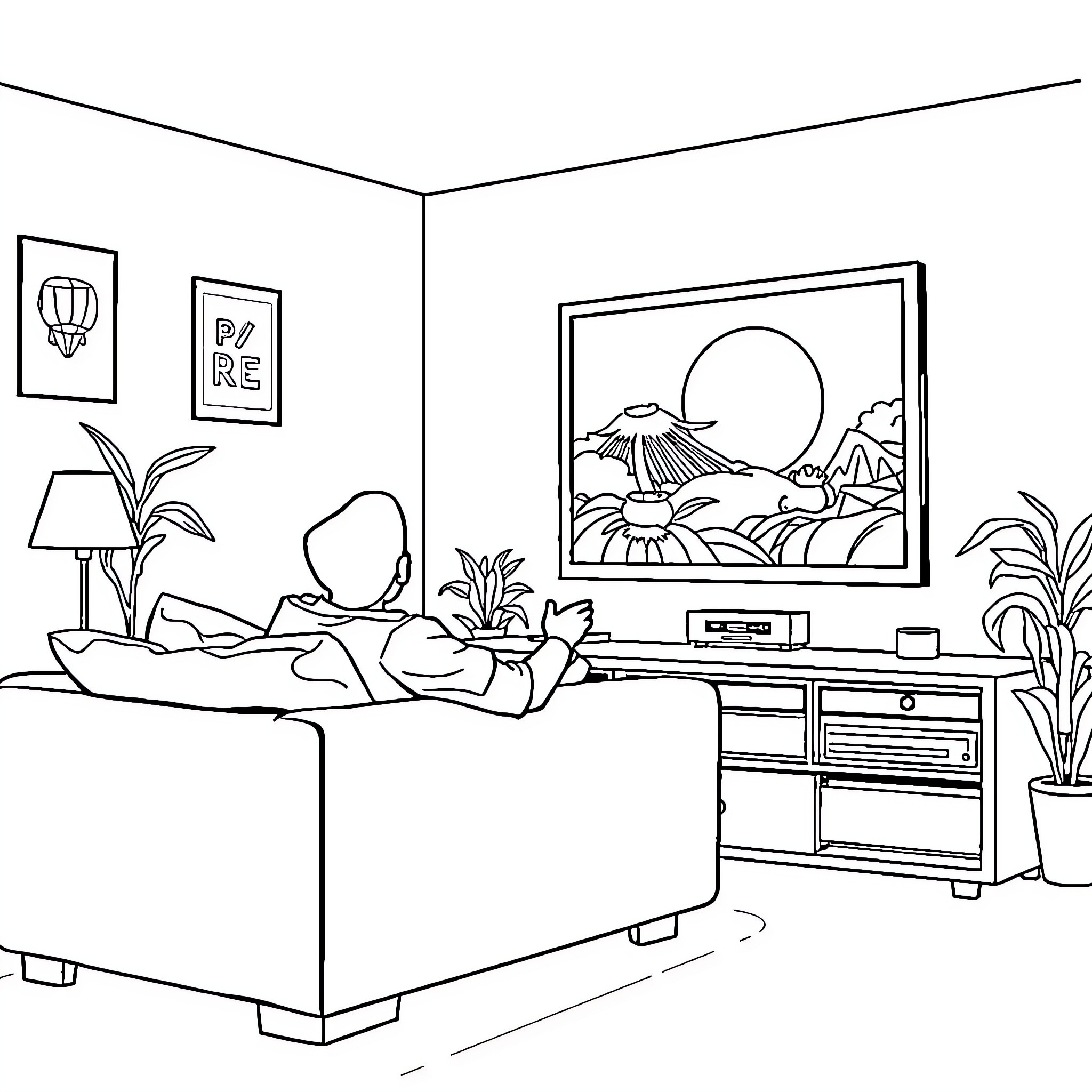 Permuda: Cozy Living Room Scene Coloring Page (free black-and-white line drawing printable PDF for all, from beginners to advanced learners, including children, teens, adults, and seniors)