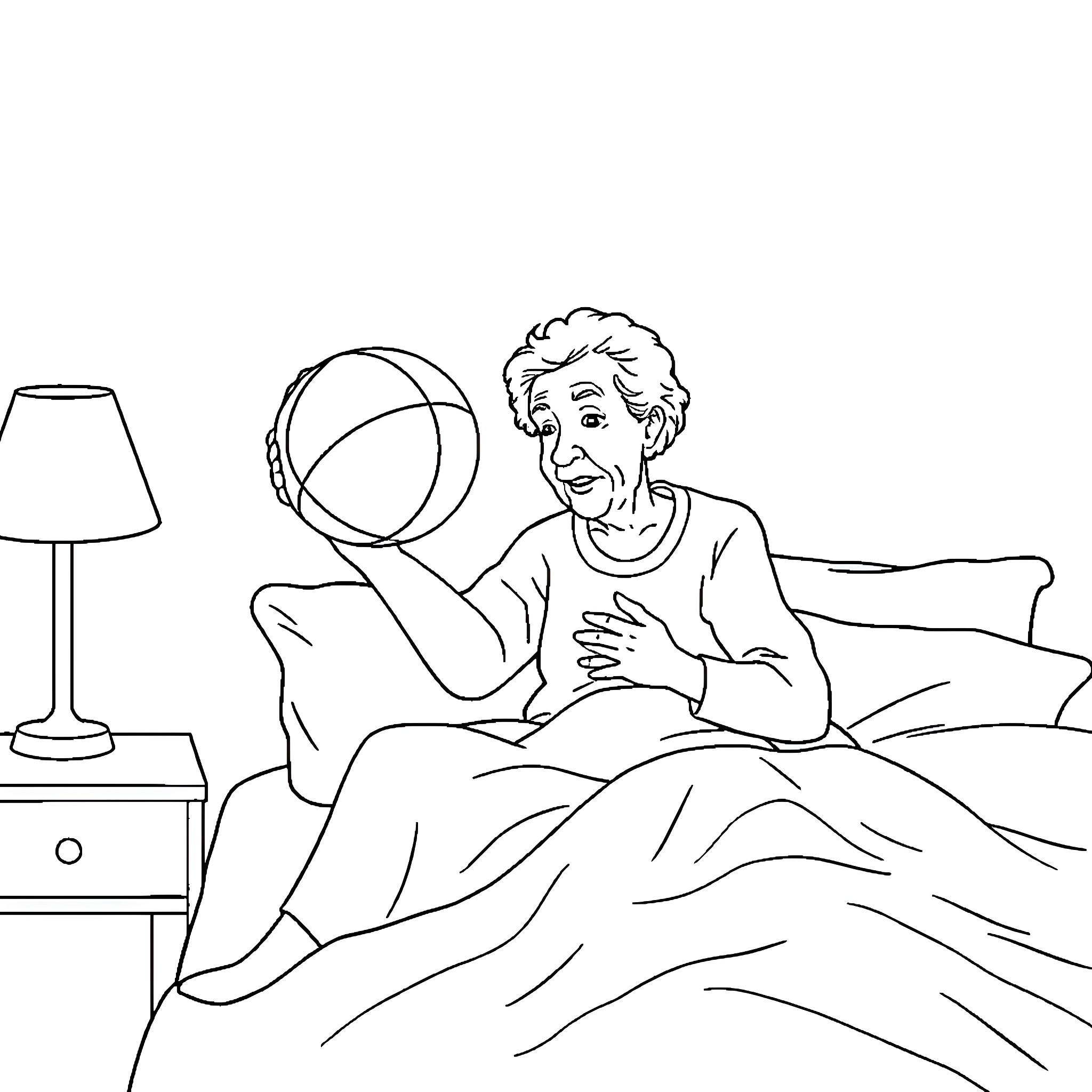 Woman smiling while holding a magnifying glass Coloring Page (free black-and-white line drawing printable PDF for all, from beginners to advanced learners, including children, teens, adults, and seniors)