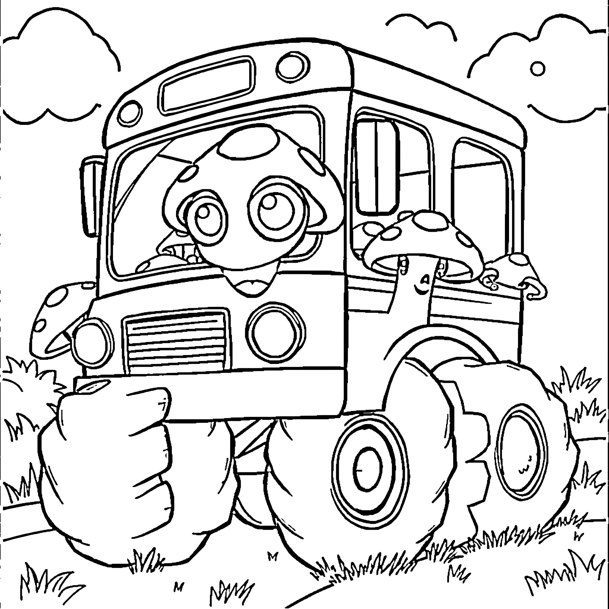 Mushroom bus on a whimsical adventure Coloring Page (free black-and-white line drawing printable PDF for all, from beginners to advanced learners, including children, teens, adults, and seniors)