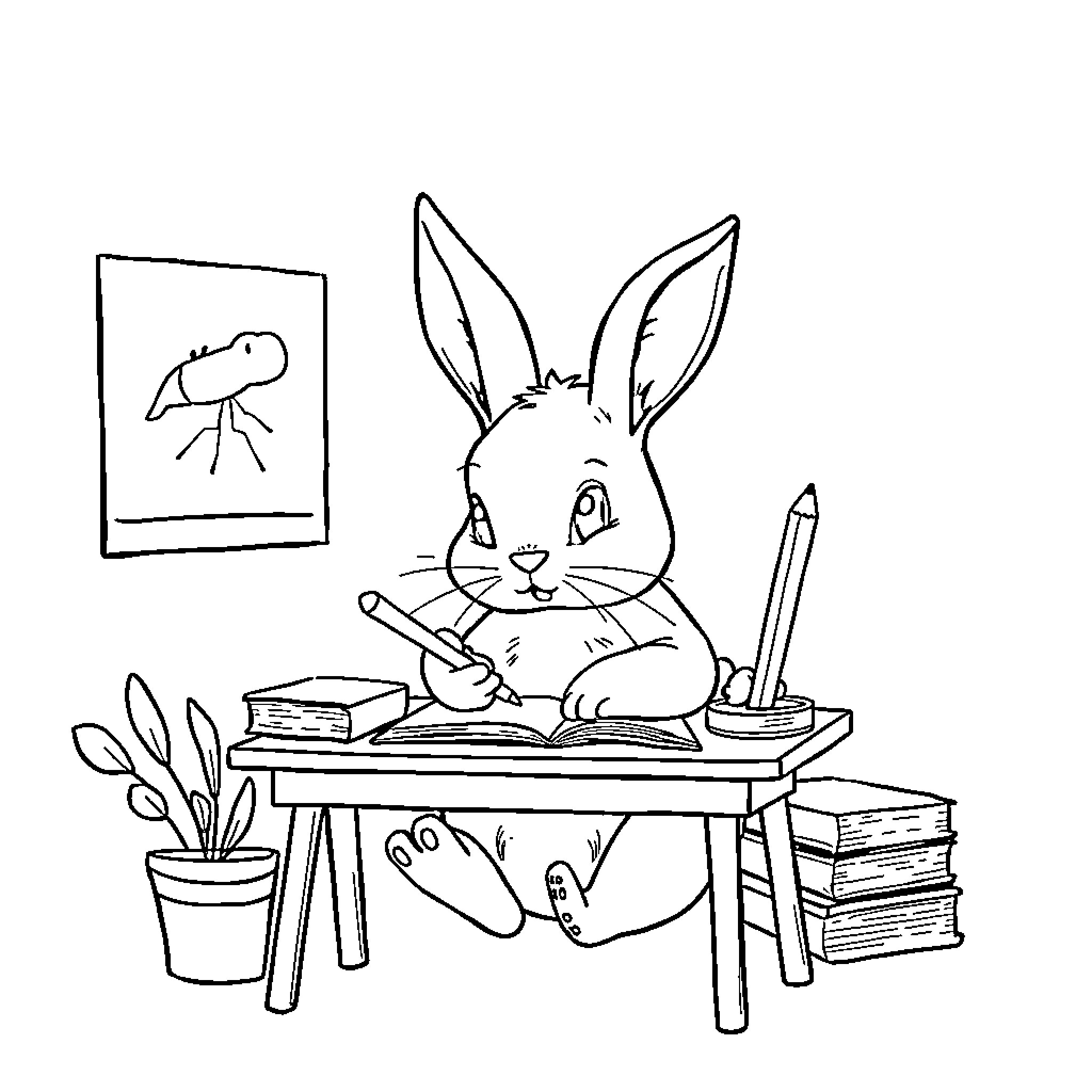 Bunny studying diligently at desk Coloring Page (free black-and-white line drawing printable PDF for all, from beginners to advanced learners, including children, teens, adults, and seniors)