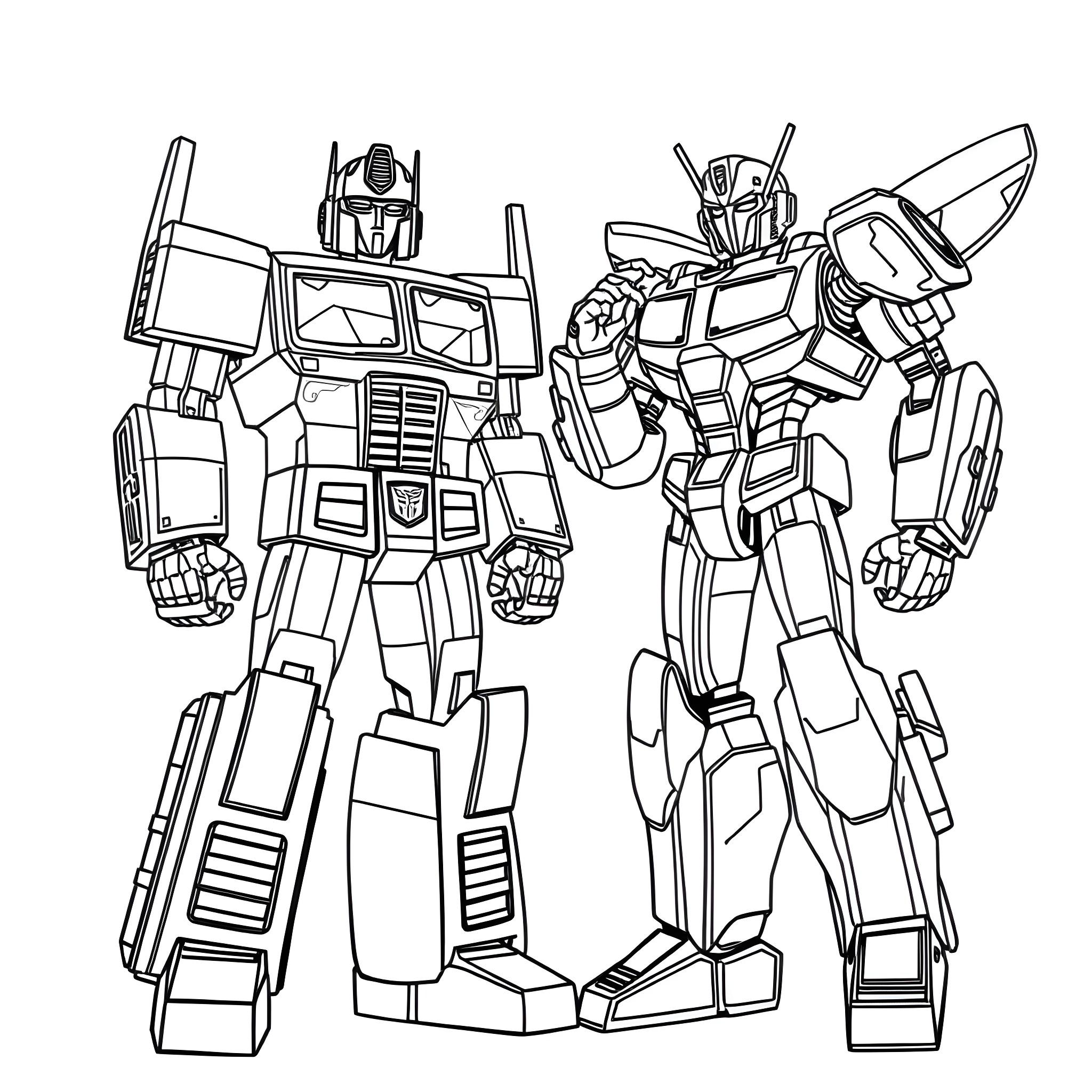 Optimus Prime and Autobot Warrior Robots in Action Coloring Page (free black-and-white line drawing printable PDF for all, from beginners to advanced learners, including children, teens, adults, and seniors)