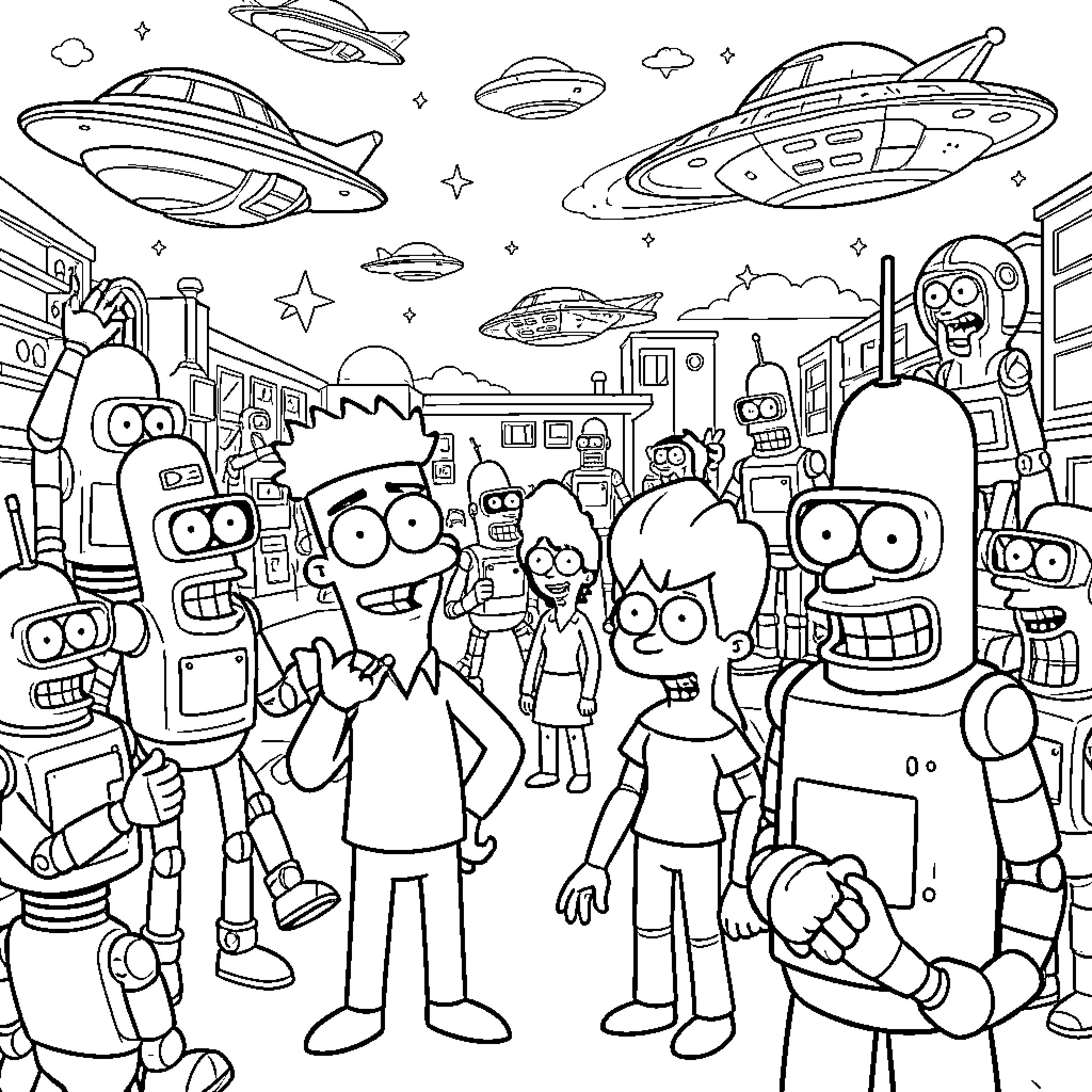 Futurama Characters celebrating together in a futuristic city Coloring Page (free black-and-white line drawing printable PDF for all, from beginners to advanced learners, including children, teens, adults, and seniors)