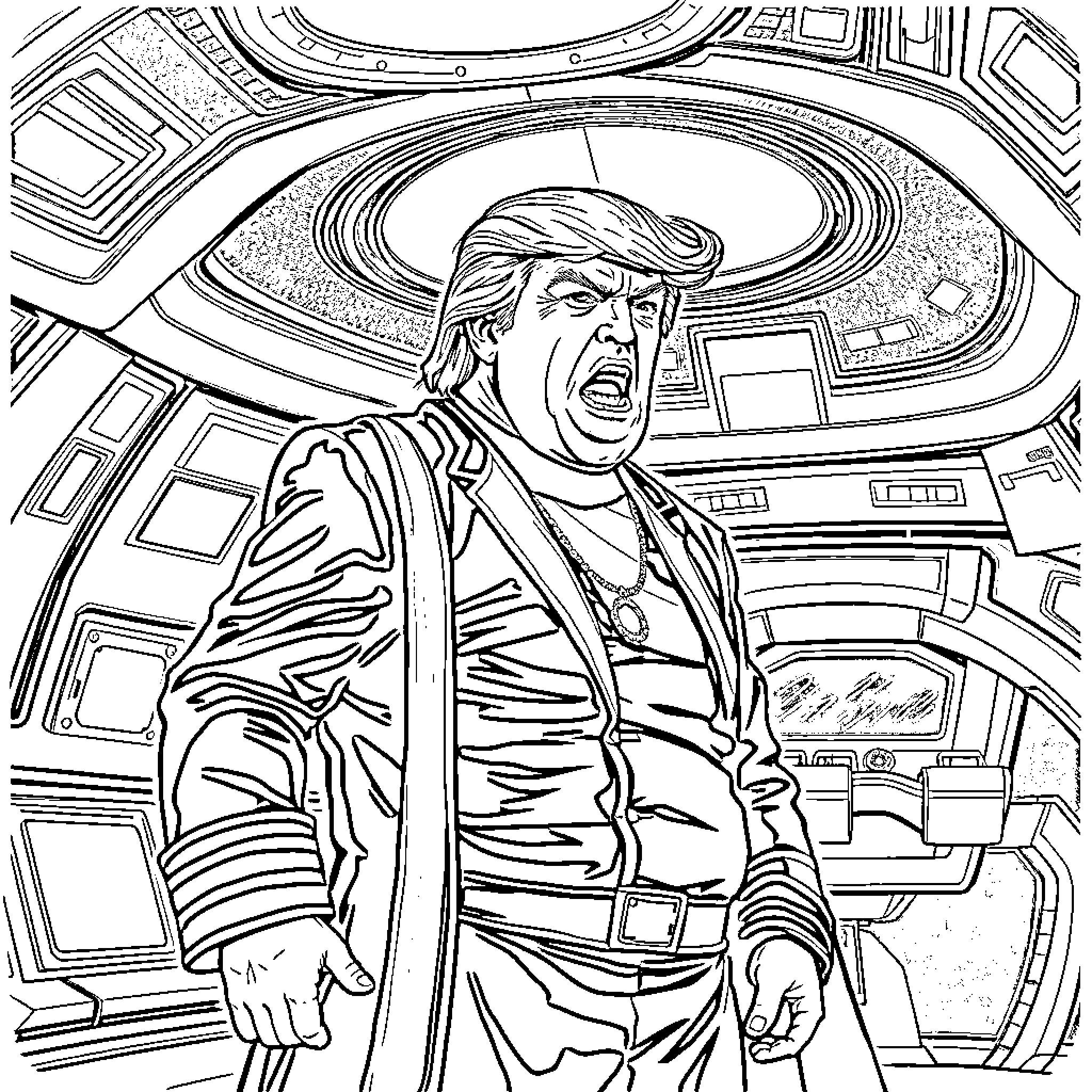 Donald Trump in a Futuristic Sci-Fi Setting Coloring Page (free black-and-white line drawing printable PDF for all, from beginners to advanced learners, including children, teens, adults, and seniors)