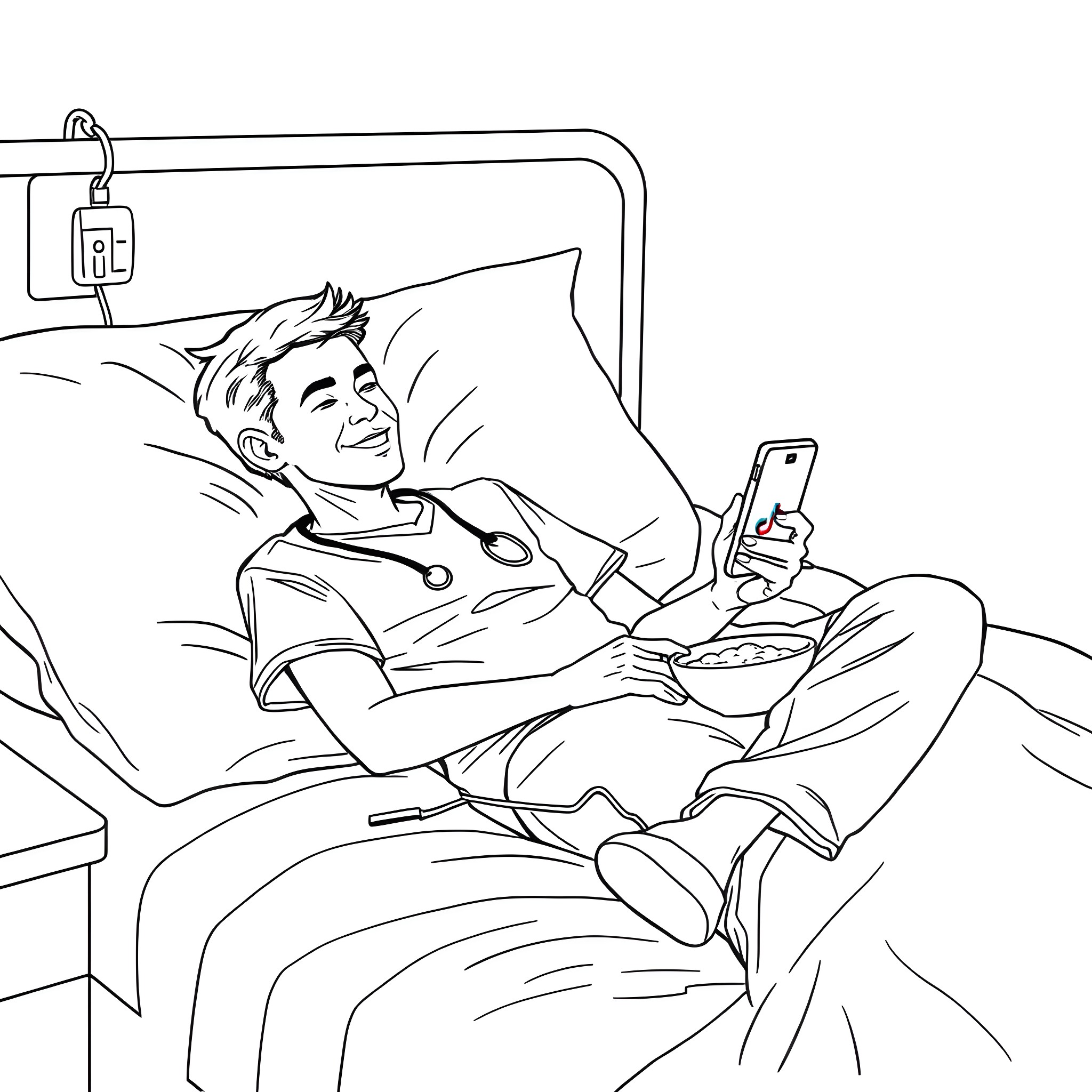 Nurse cares for patient resting in hospital bed Coloring Page (free black-and-white line drawing printable PDF for all, from beginners to advanced learners, including children, teens, adults, and seniors)