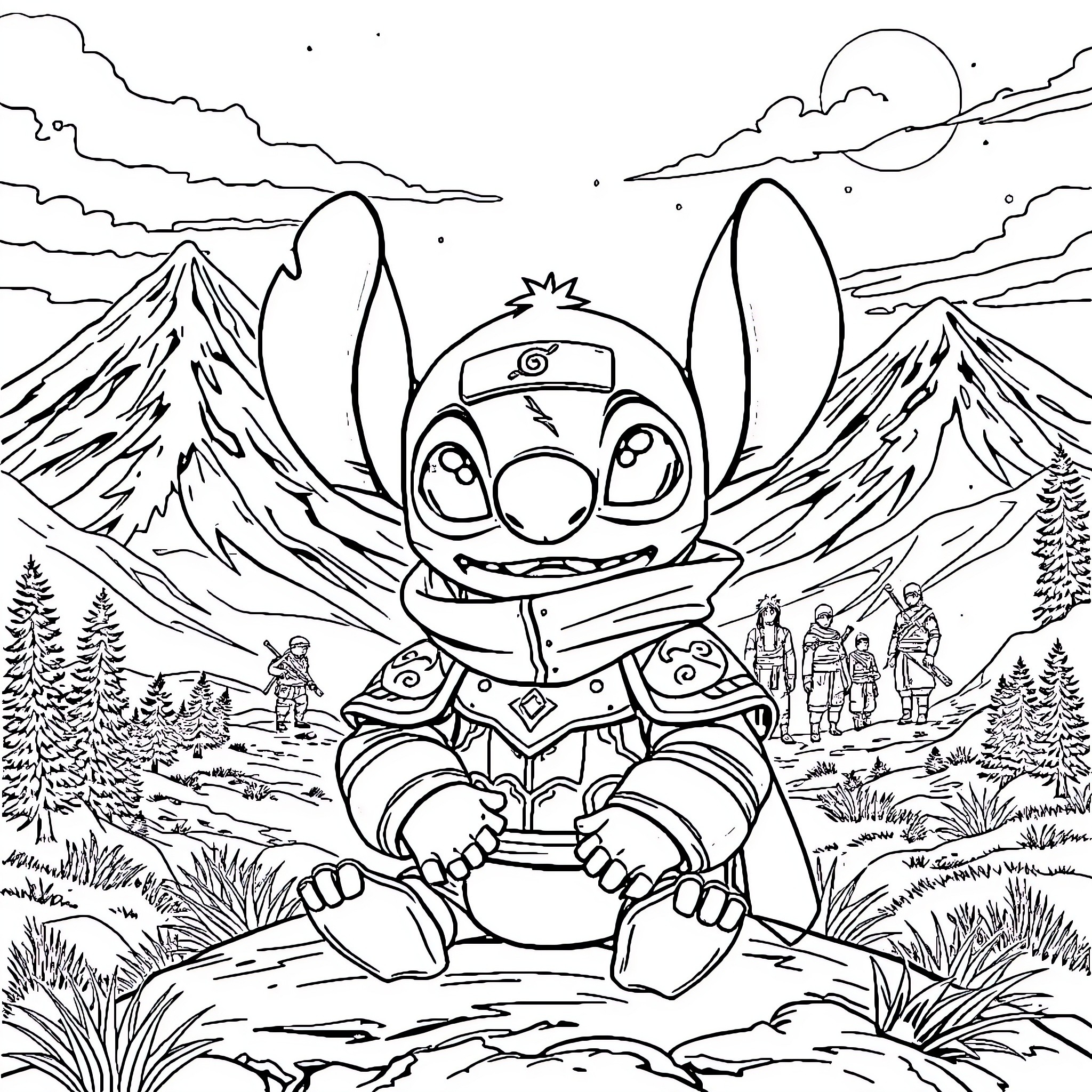 Stitch Exploring the Enchanted Landscape Coloring Page (free black-and-white line drawing printable PDF for all, from beginners to advanced learners, including children, teens, adults, and seniors)