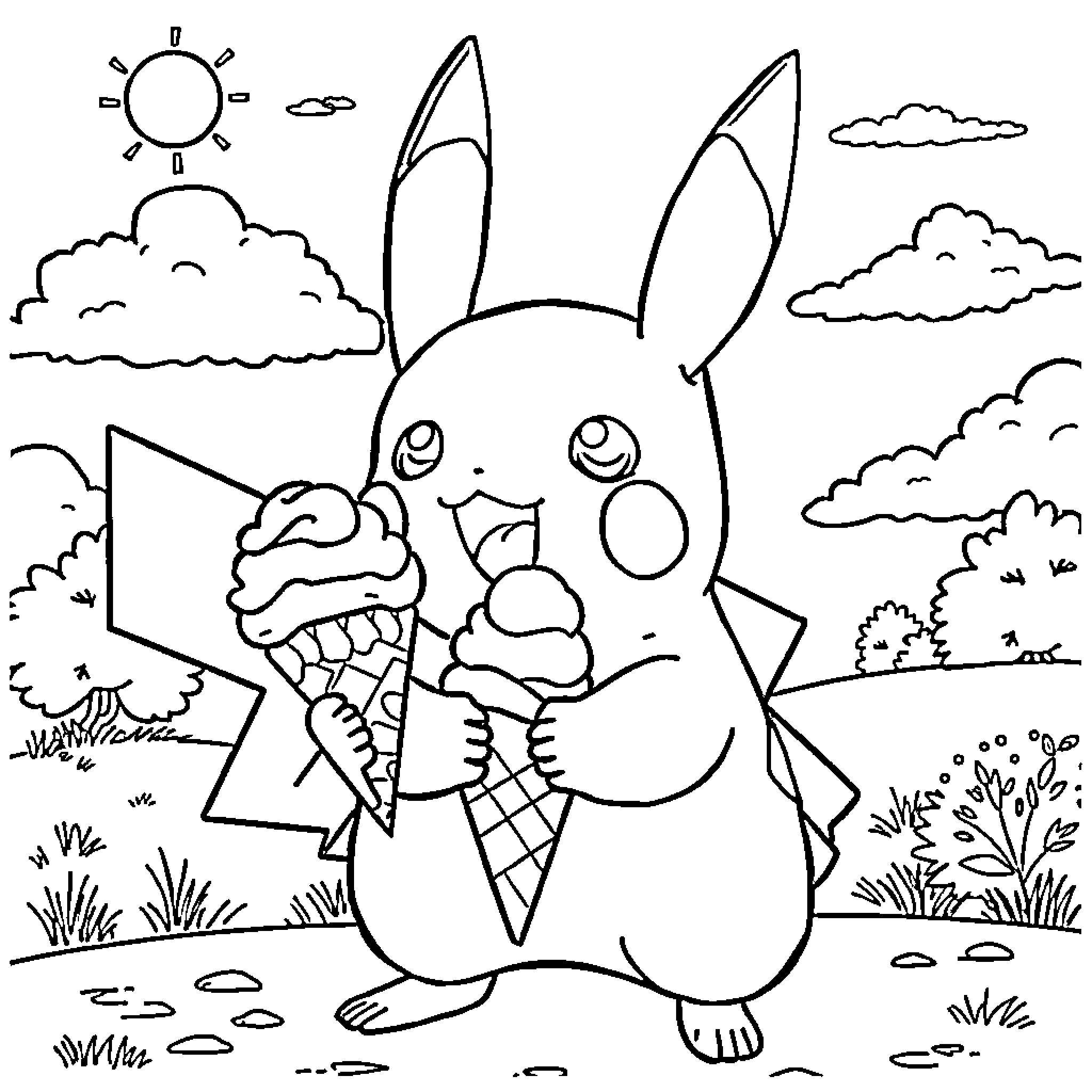 Pikachu enjoying an ice cream cone in the park Coloring Page (free black-and-white line drawing printable PDF for all, from beginners to advanced learners, including children, teens, adults, and seniors)