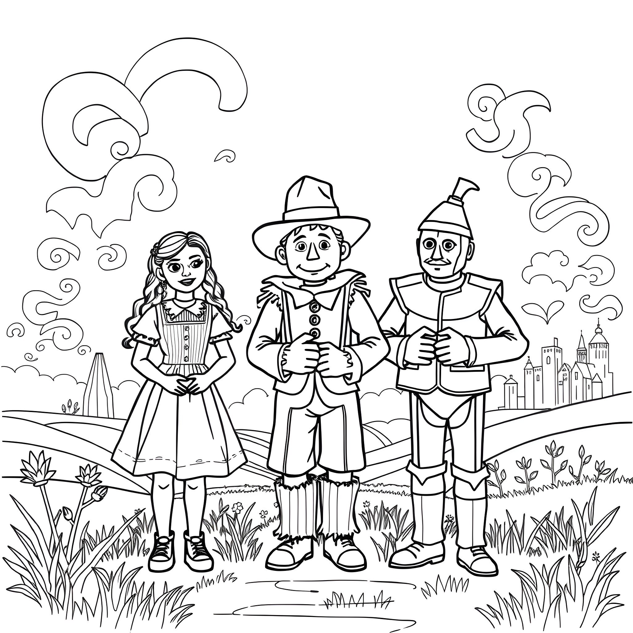Wizard-themed characters in a whimsical landscape Coloring Page (free black-and-white line drawing printable PDF for all, from beginners to advanced learners, including children, teens, adults, and seniors)