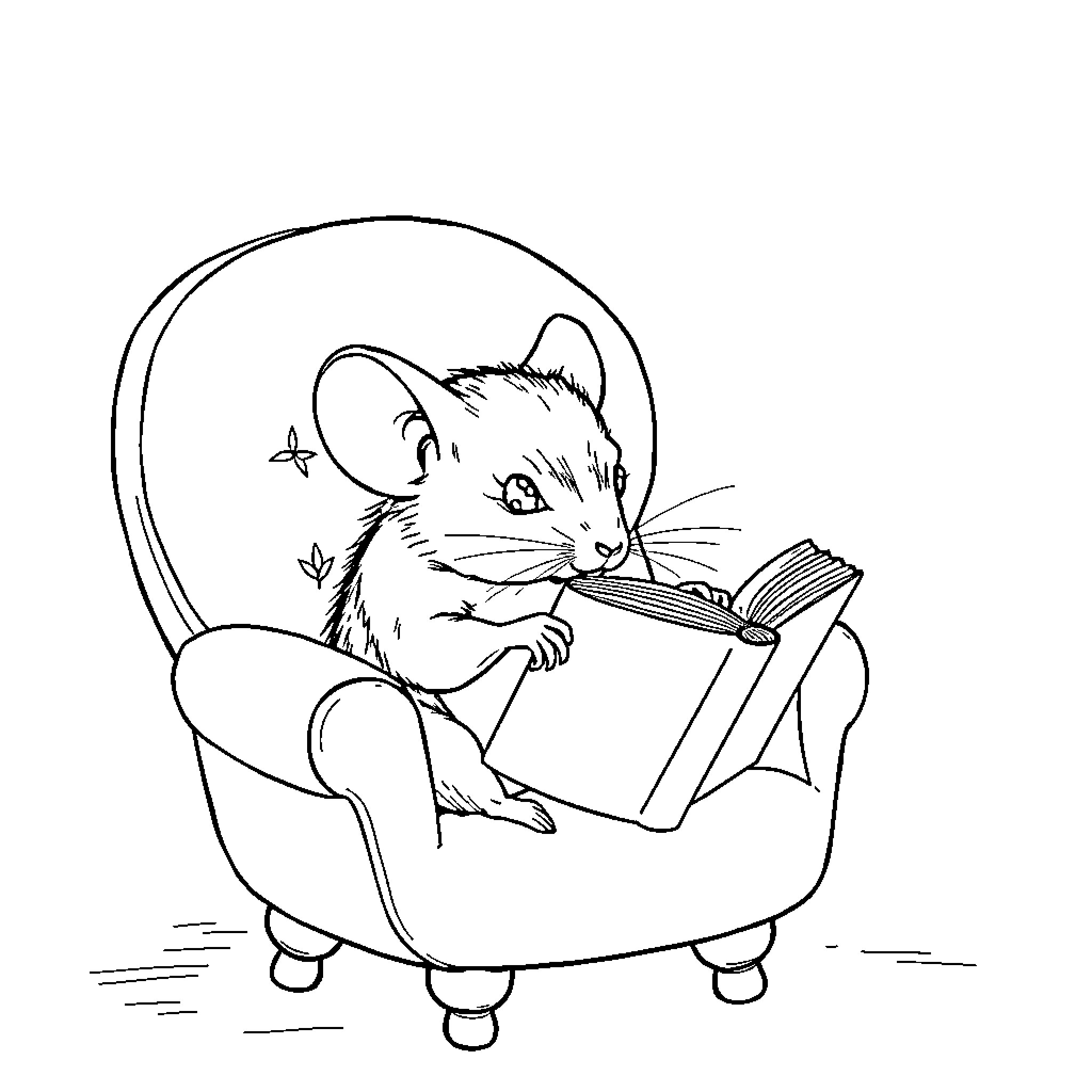 Mouse reading a book in a cozy armchair Coloring Page (free black-and-white line drawing printable PDF for all, from beginners to advanced learners, including children, teens, adults, and seniors)