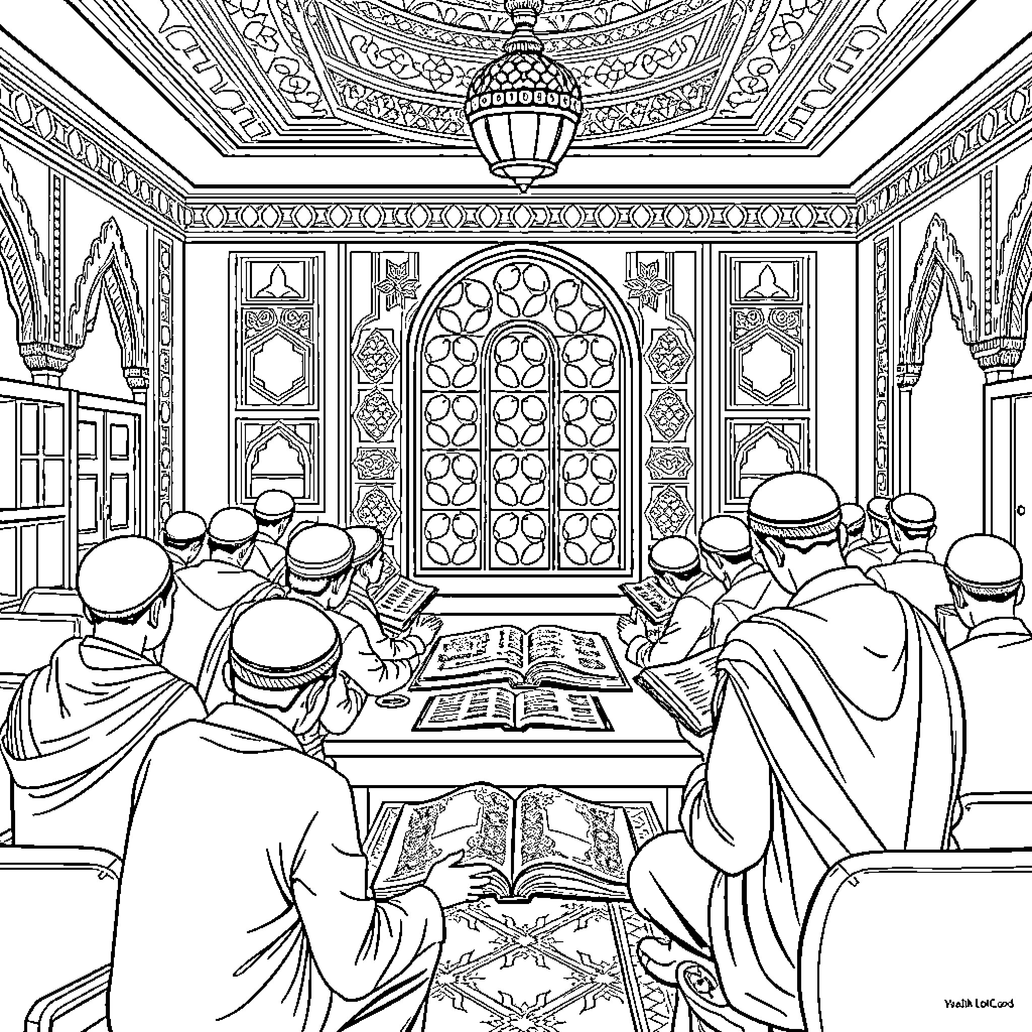 Islamic Learning: Scholars Studying Religious Texts in Ornate Mosque Coloring Page (free black-and-white line drawing printable PDF for all, from beginners to advanced learners, including children, teens, adults, and seniors)