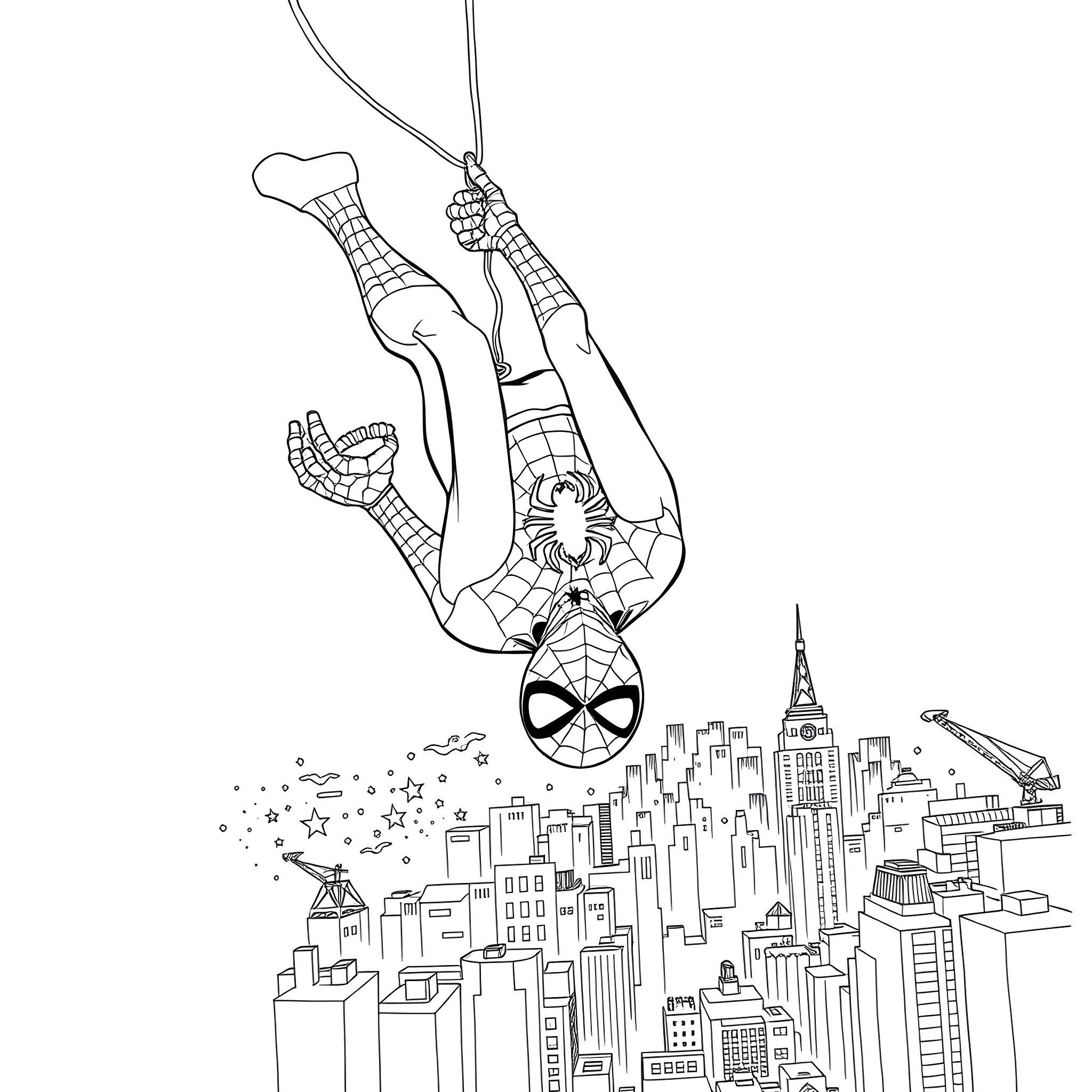 Spiderman swinging through the city skyline Coloring Page (free black-and-white line drawing printable PDF for all, from beginners to advanced learners, including children, teens, adults, and seniors)