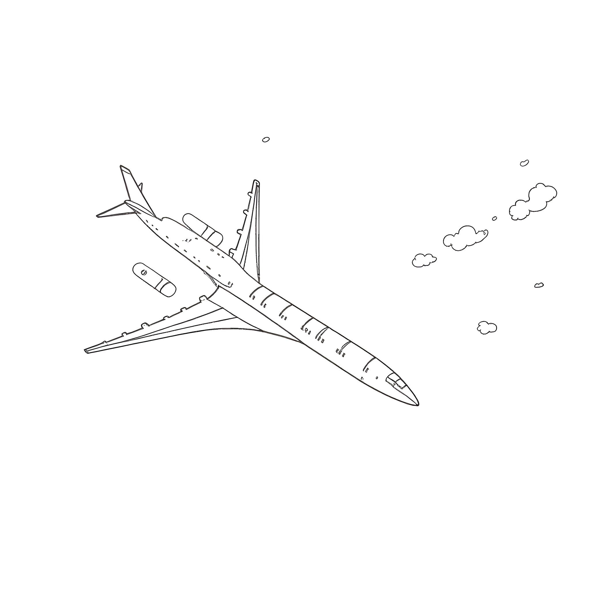 Airplane flying through the sky Coloring Page (free black-and-white line drawing printable PDF for all, from beginners to advanced learners, including children, teens, adults, and seniors)