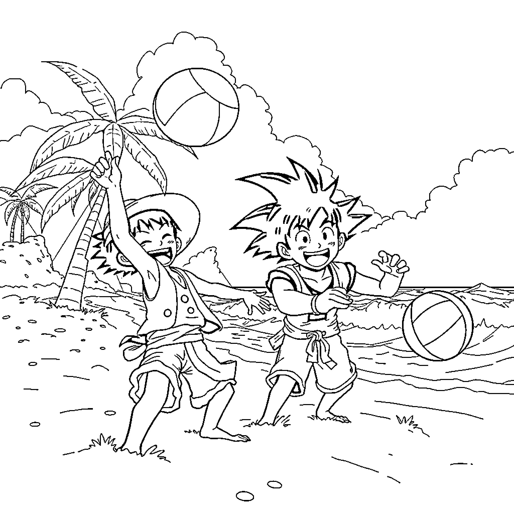 Luffy and Goku Enjoying a Tropical Beach Adventure Coloring Page (free black-and-white line drawing printable PDF for all, from beginners to advanced learners, including children, teens, adults, and seniors)