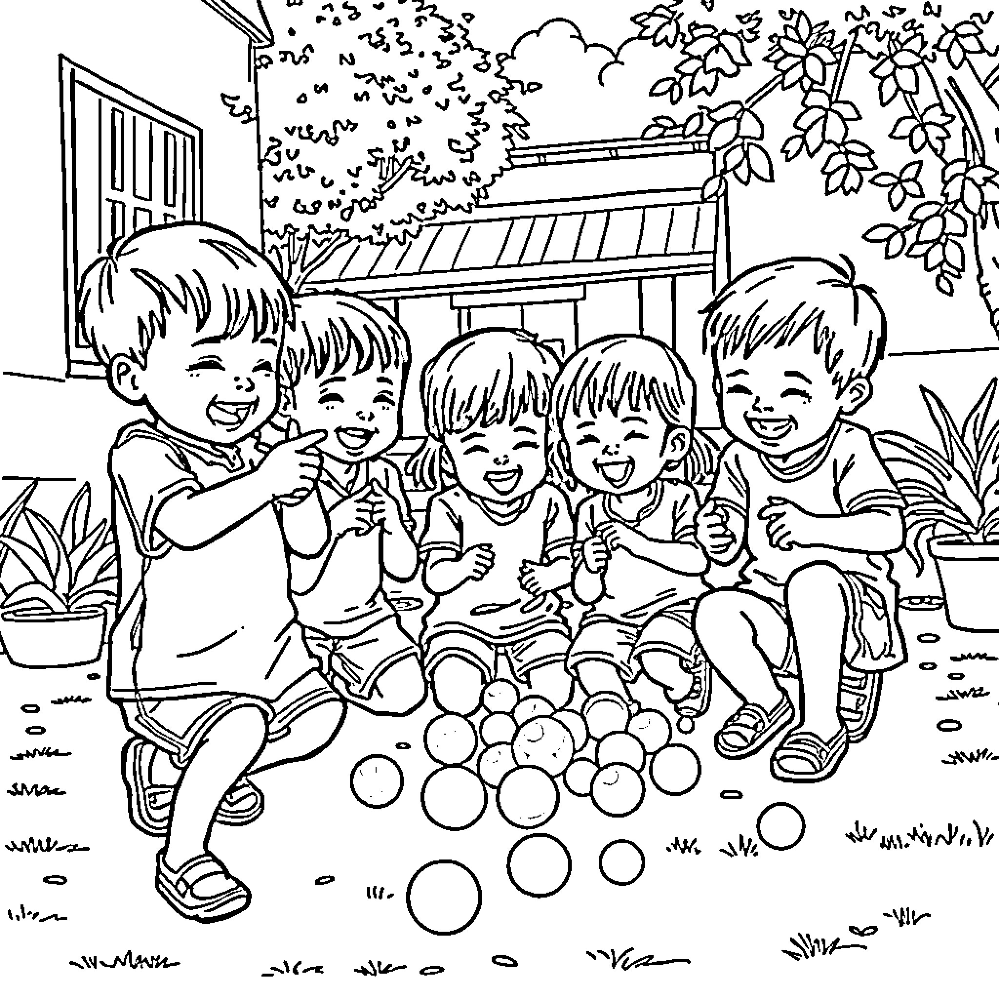 Child Friends Enjoying an Outdoor Gathering Coloring Page (free black-and-white line drawing printable PDF for all, from beginners to advanced learners, including children, teens, adults, and seniors)