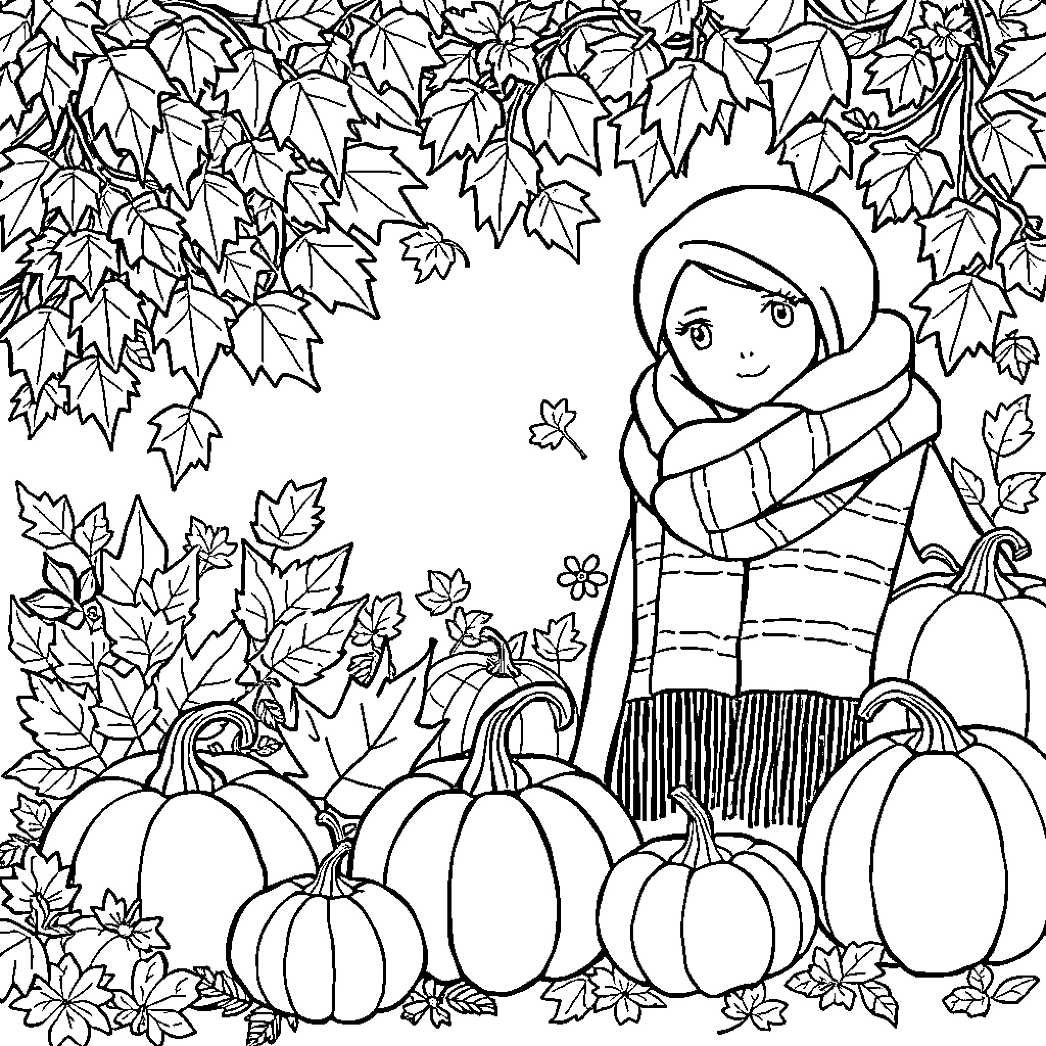 Fall Scene with Smiling Person and Autumn Leaves Coloring Page (free black-and-white line drawing printable PDF for all, from beginners to advanced learners, including children, teens, adults, and seniors)