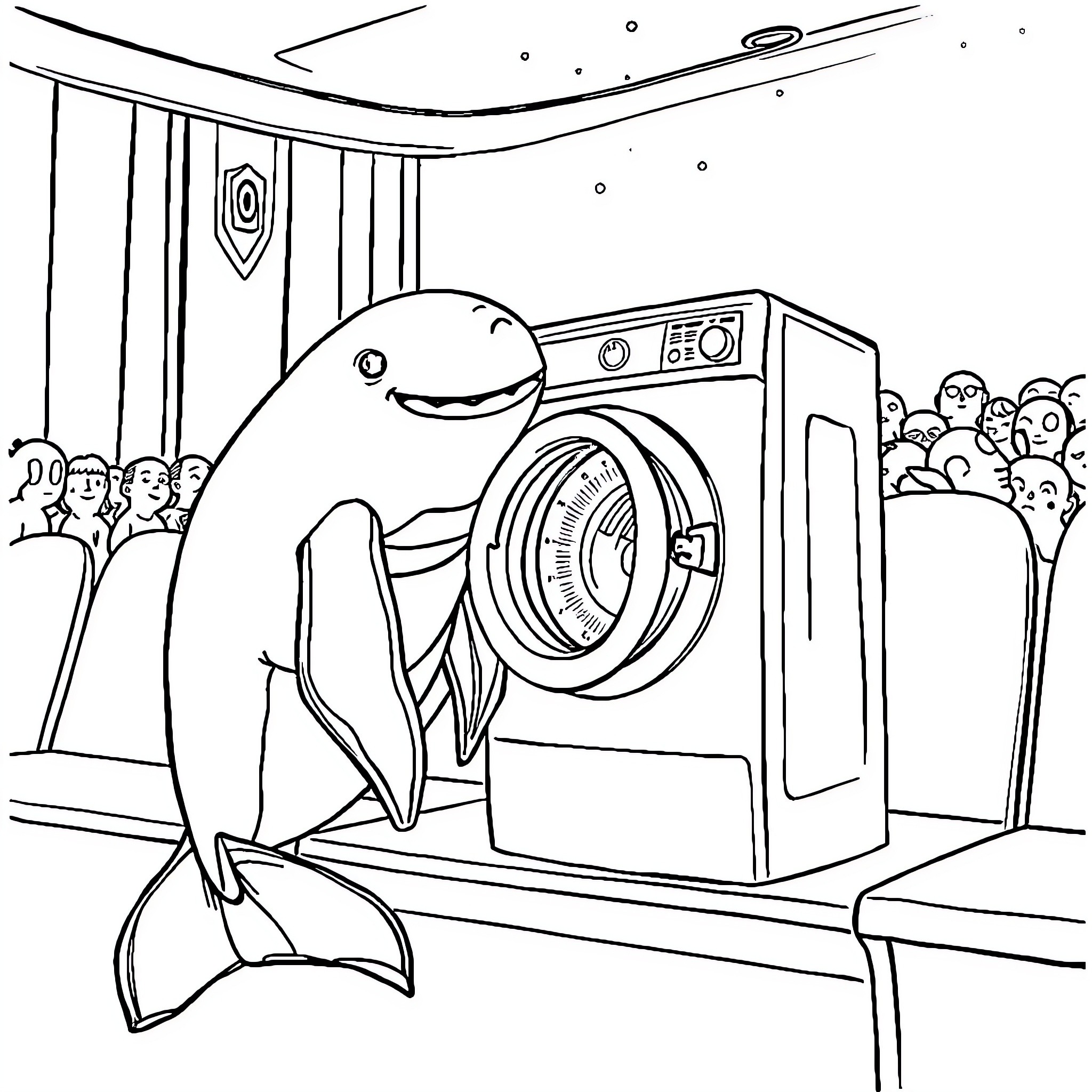 Whale assisting with household chores Coloring Page (free black-and-white line drawing printable PDF for all, from beginners to advanced learners, including children, teens, adults, and seniors)